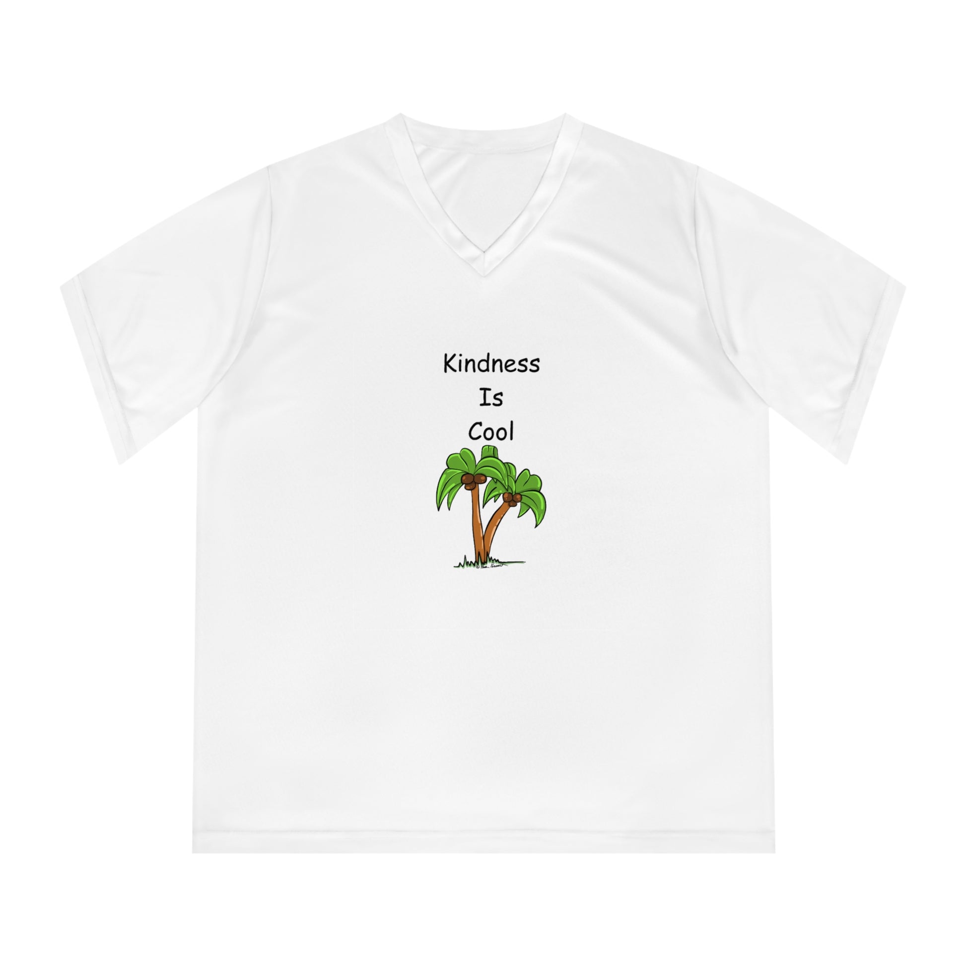 Introducing the Printify Team 365 Women's Kindness-Is-Cool T-shirt: a white V-neck featuring the text "Kindness Is Cool" above a small illustration of two palm trees. Made from moisture-wicking polyester, it offers UV 40+ protection to keep you cool and safe under the sun.