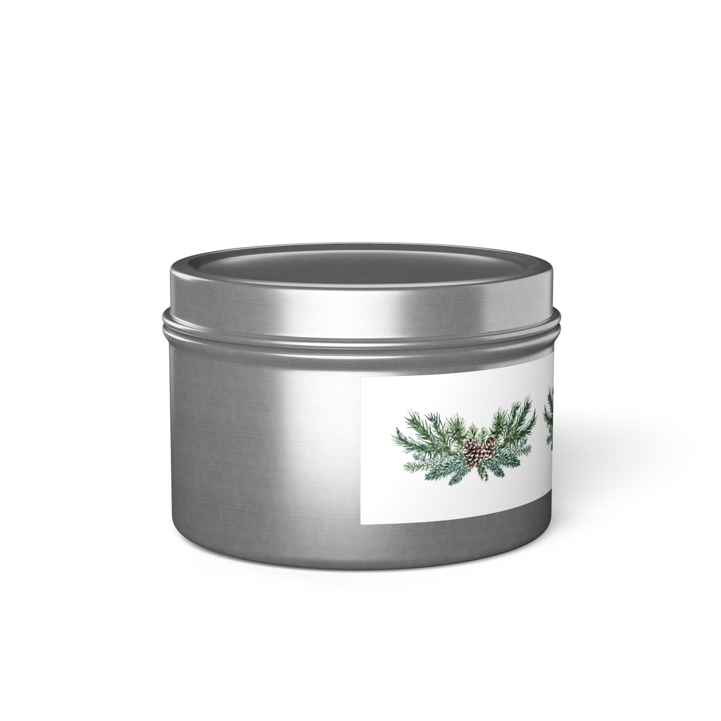 Printify's Holiday-Inspired Pinecone Tin-Candles: 4 oz; Evergreen scent feature an eco-friendly metal container adorned with a calming pine branch and cone design, beautifully highlighted against a crisp white background.