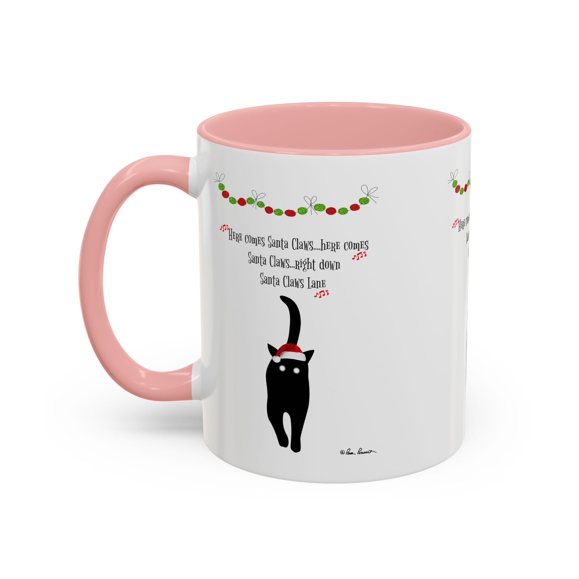 The Festive-Cat Accent Coffee Mug by Printify features a black cat in a Santa hat with festive garland and “Here comes Santa Claus, right down Santa Claus Lane.” A perfect holiday gift for cat-lovers.