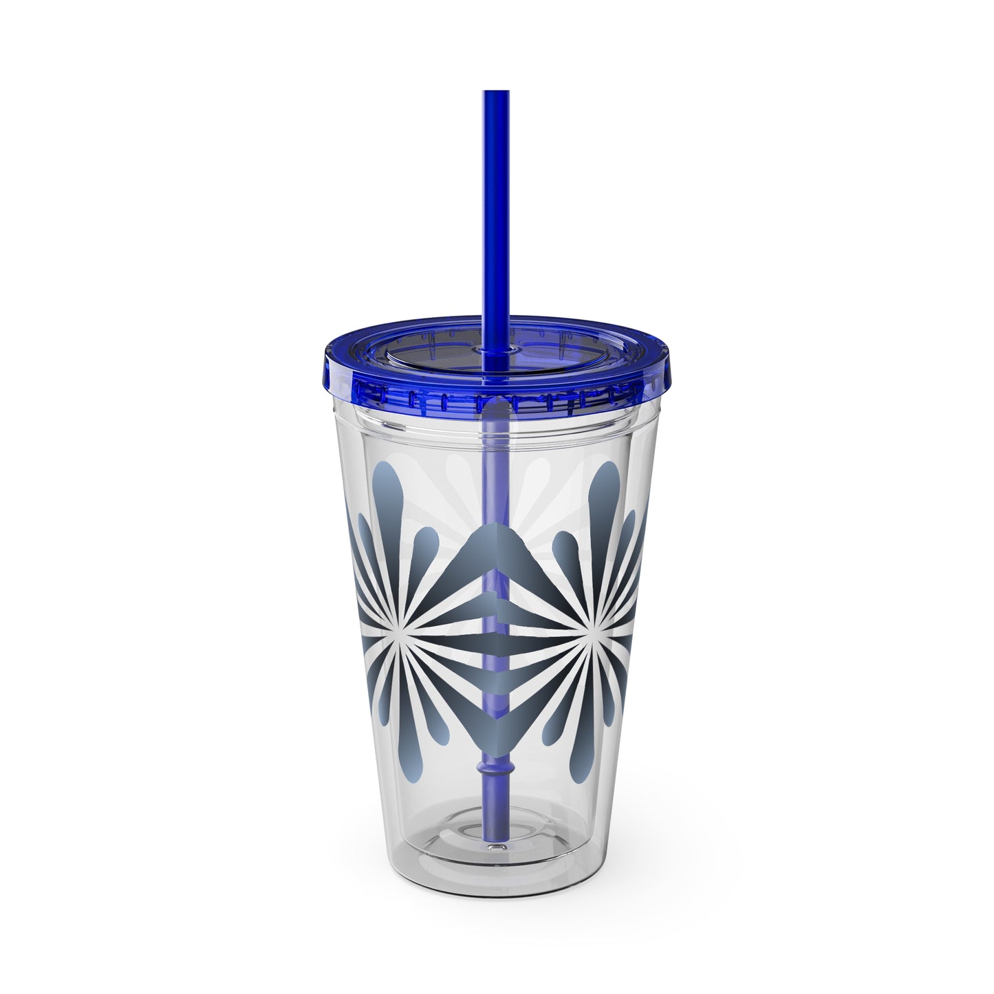 A clear Blue Star-burst Tumbler with a blue lid and a straw, crack-resistant.