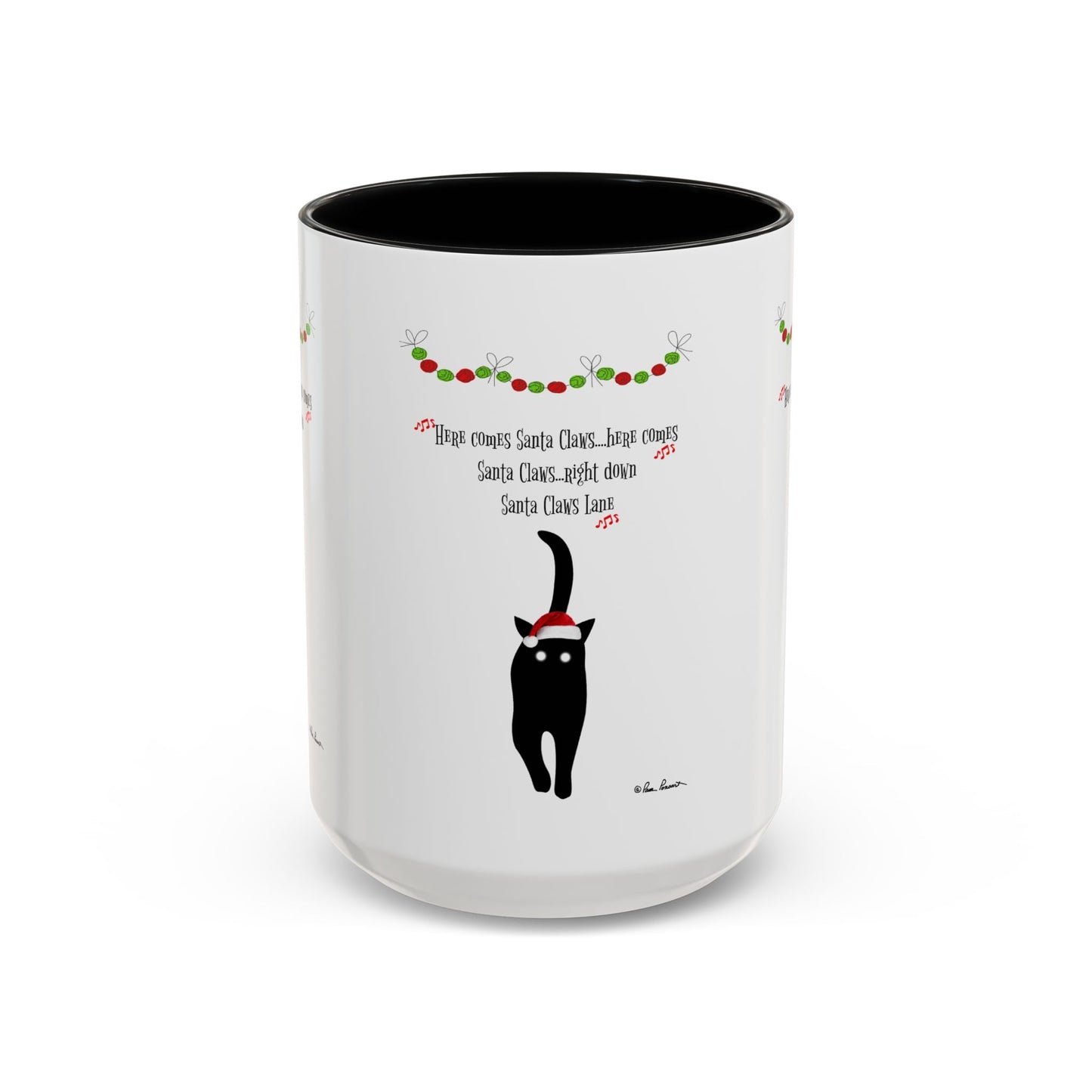 The Printify Festive-Cat Accent Coffee Mug is a white holiday mug with a black cat in a Santa hat, festive garland, and "Here comes Santa Claus, right down Santa Claus Lane"—an ideal gift for any cat-loving mug collector.