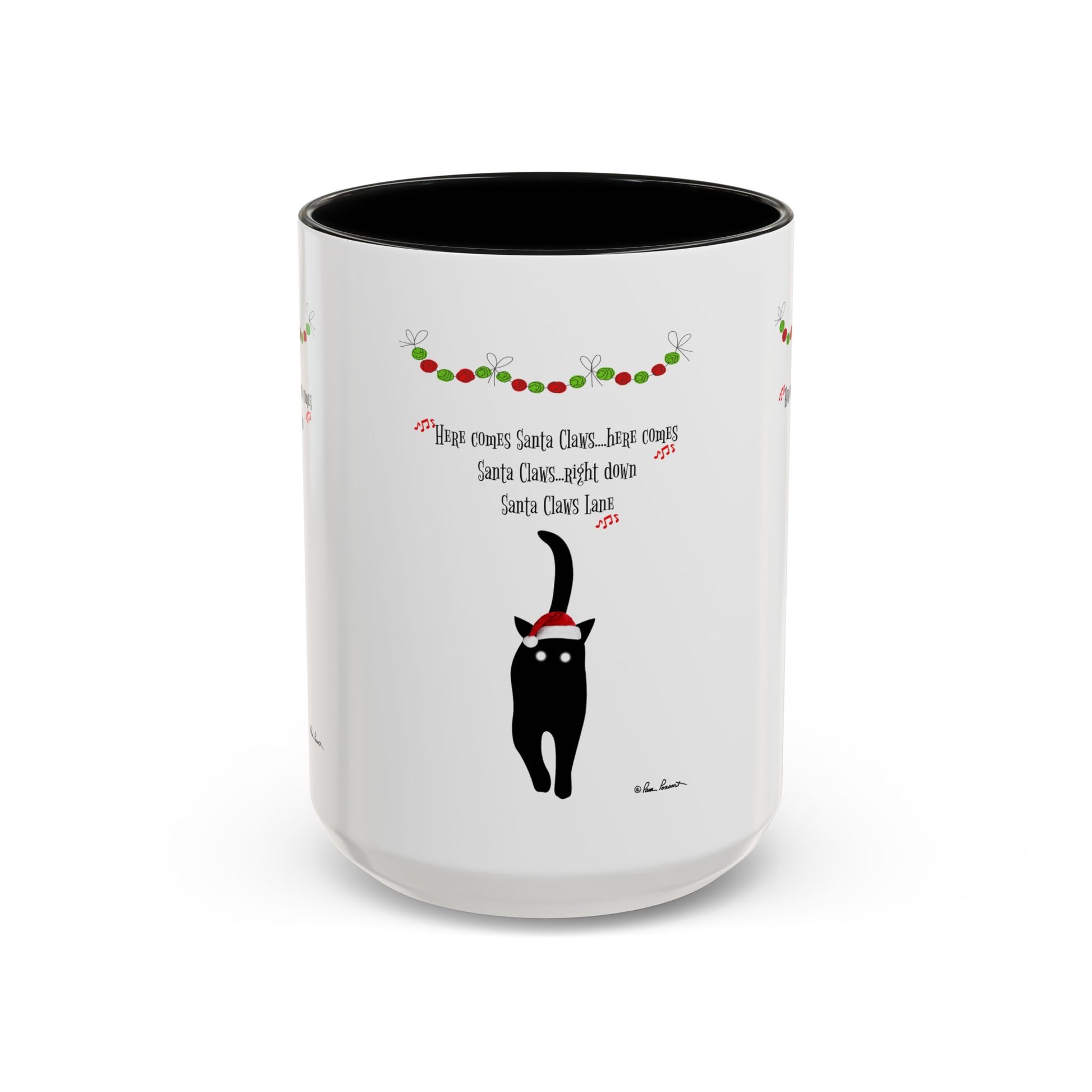 The Printify Festive-Cat Accent Coffee Mug is a white holiday mug with a black cat in a Santa hat, festive garland, and "Here comes Santa Claus, right down Santa Claus Lane"—an ideal gift for any cat-loving mug collector.