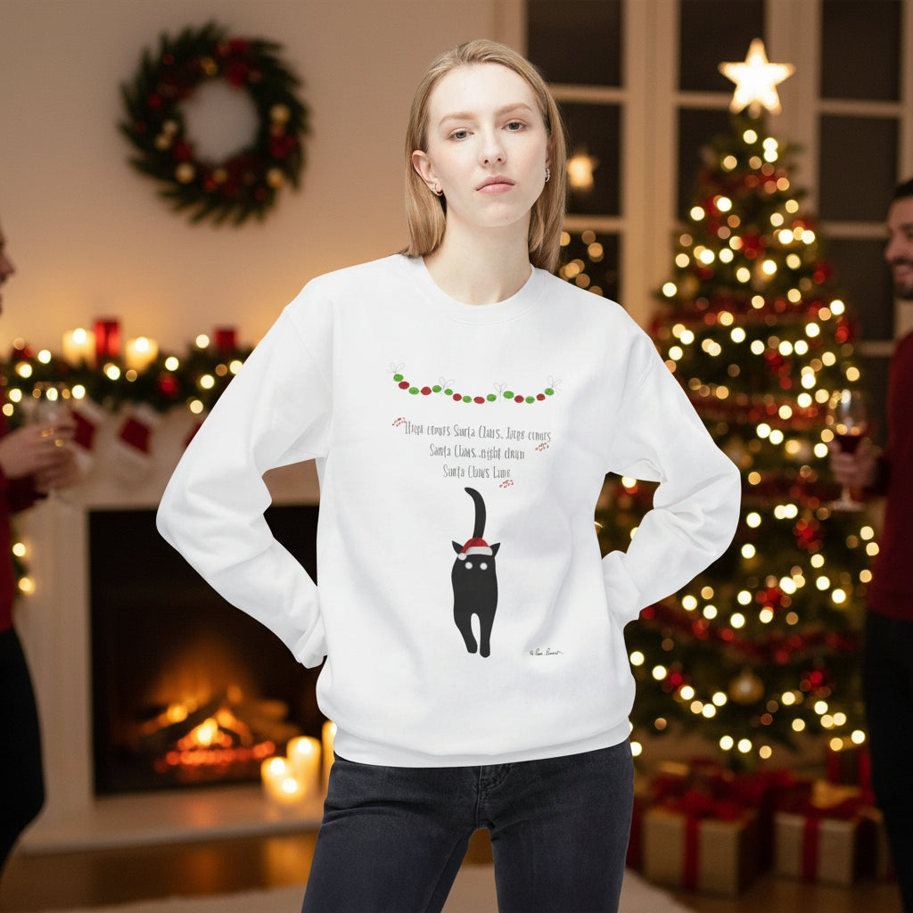A woman stands indoors in a festive scene, wearing the Printify Holiday Cat Crewneck Sweatshirt: Unisex | Festive | Playful, featuring a black cat graphic that matches the decorated Christmas tree and lively holiday gathering.