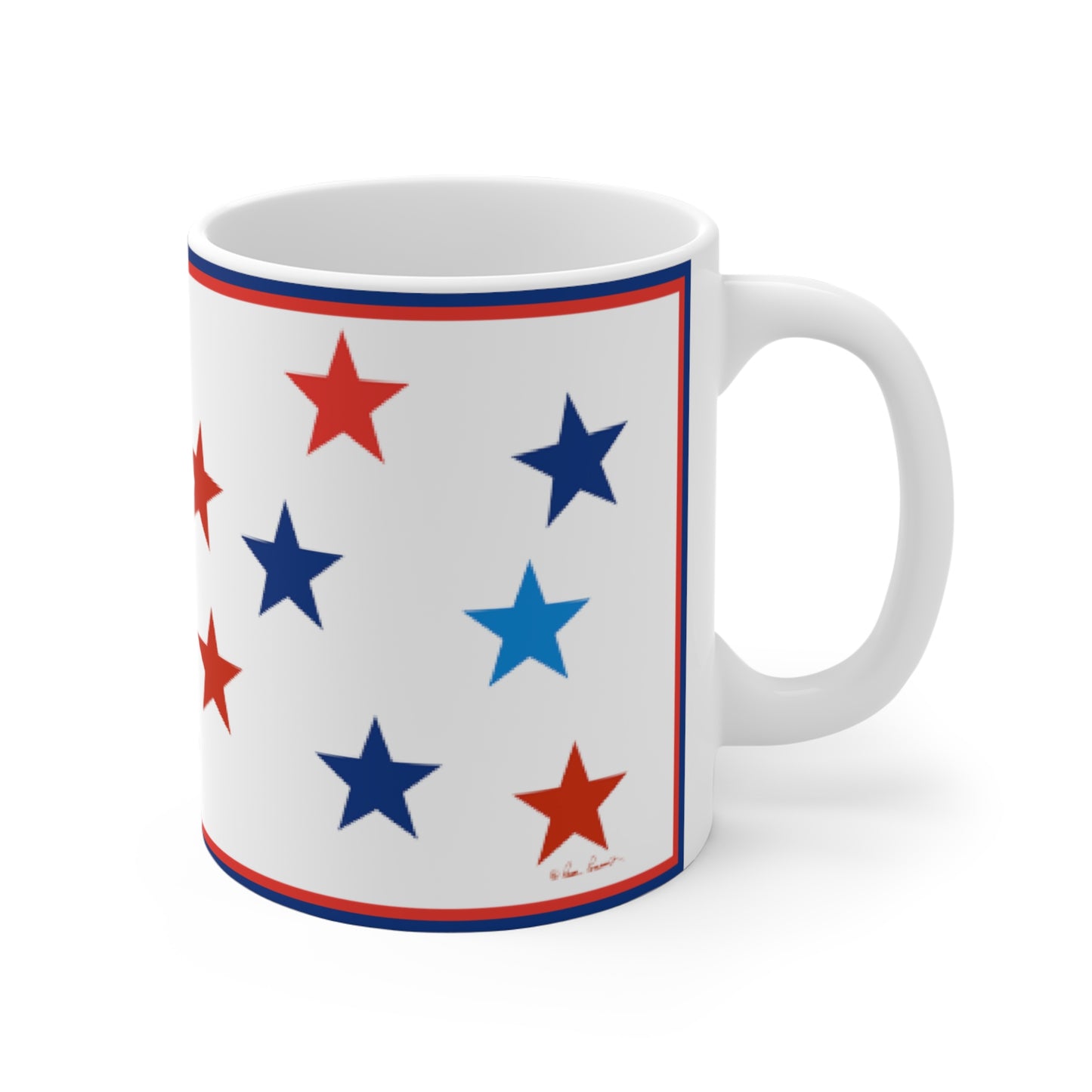 A Mug with Stars: Blue and Red on White; Ceramic; 11 oz. by Printify featuring red and blue stars in a diagonal pattern, bordered by red and blue lines. This patriotic mug is perfect for those who love to display their national pride.
