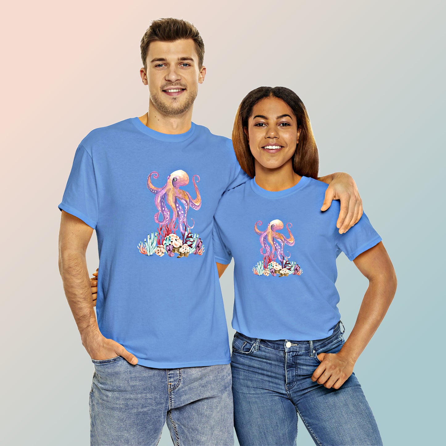 Mock up of a couple; a man and a woman, each wearing the Carolina Blue t-shirt