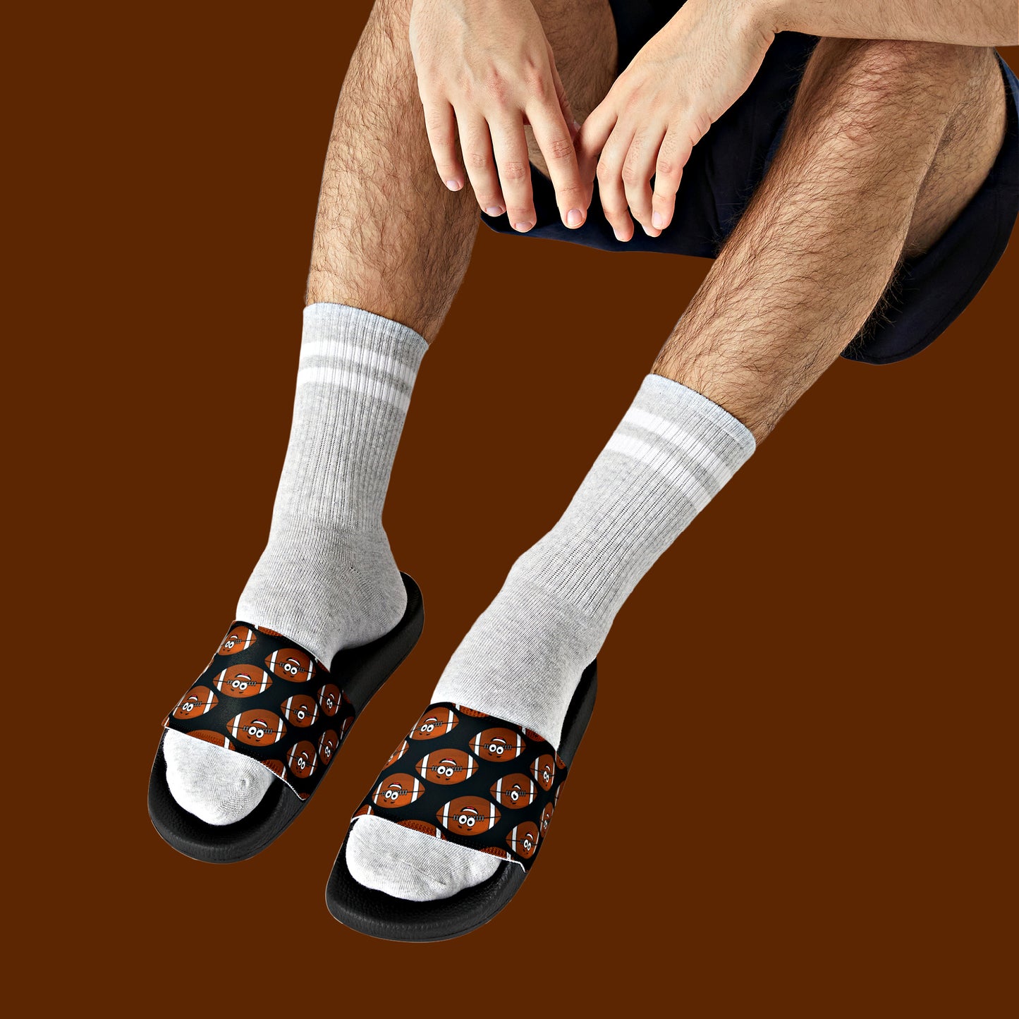Mock up of a man wearing white socks and our sandals