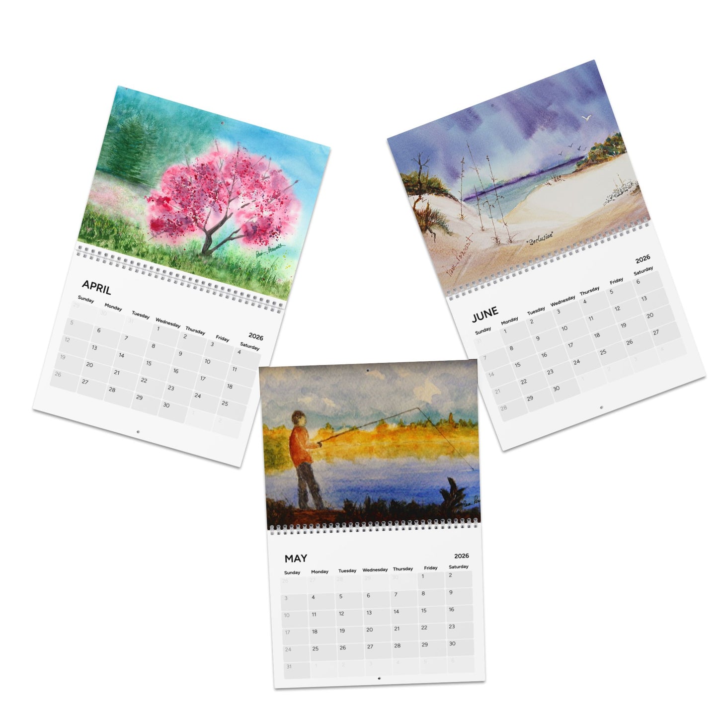 Three calendar pages showing April, May, and June with scenic images.