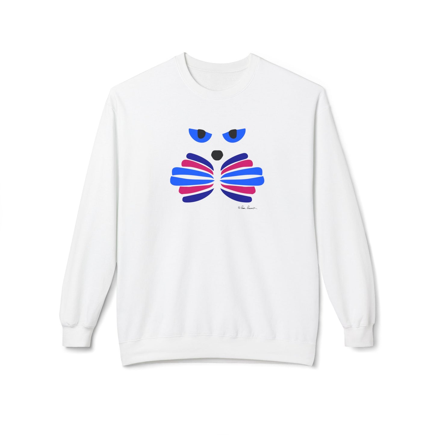 Printify’s Cat Face Crewneck Sweatshirt: Abstract Red & Blue Kitty features a cozy cotton blend and a playful graphic of a cat’s face with blue eyes and a colorful bow tie—perfect for adding charm to your casual wardrobe.