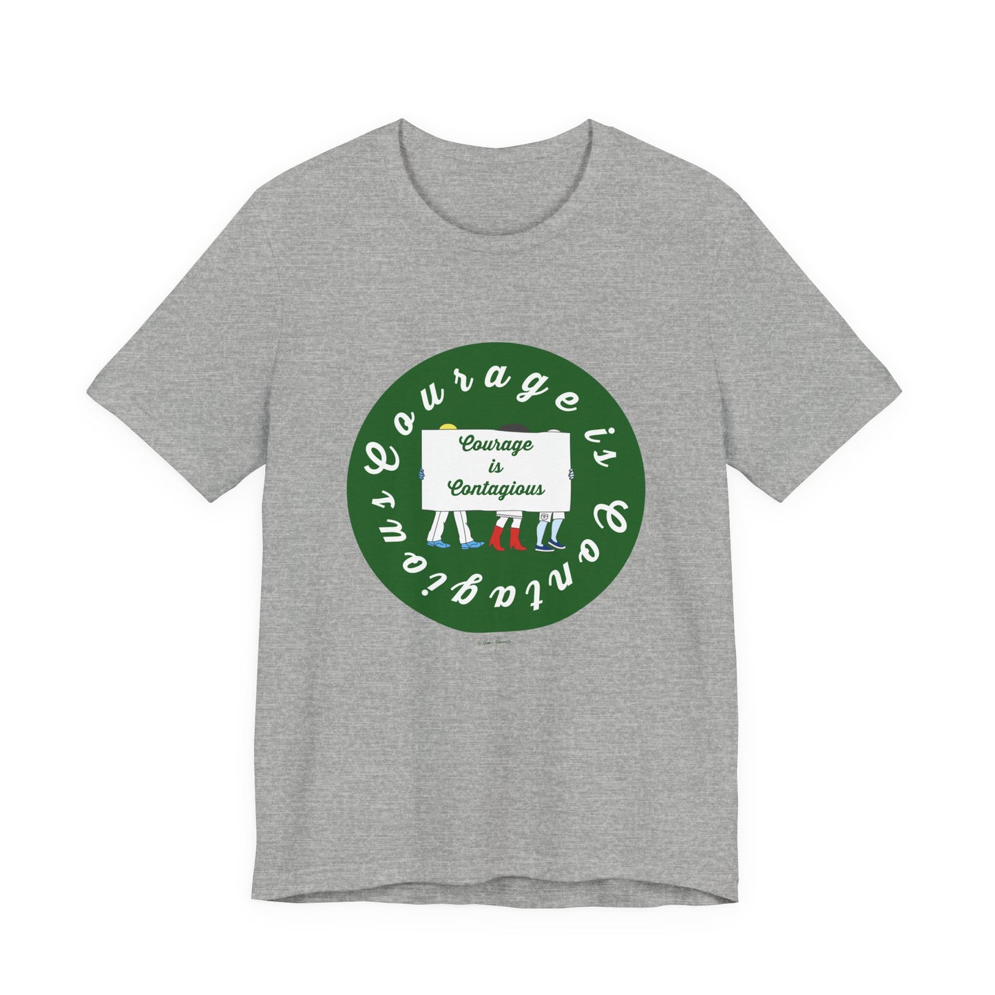 The Courage Is Contagious T-shirt by Printify is a unisex cotton tee with a green emblem featuring three fists in diverse skin tones, making it an inspiring graphic shirt that celebrates unity and bravery.