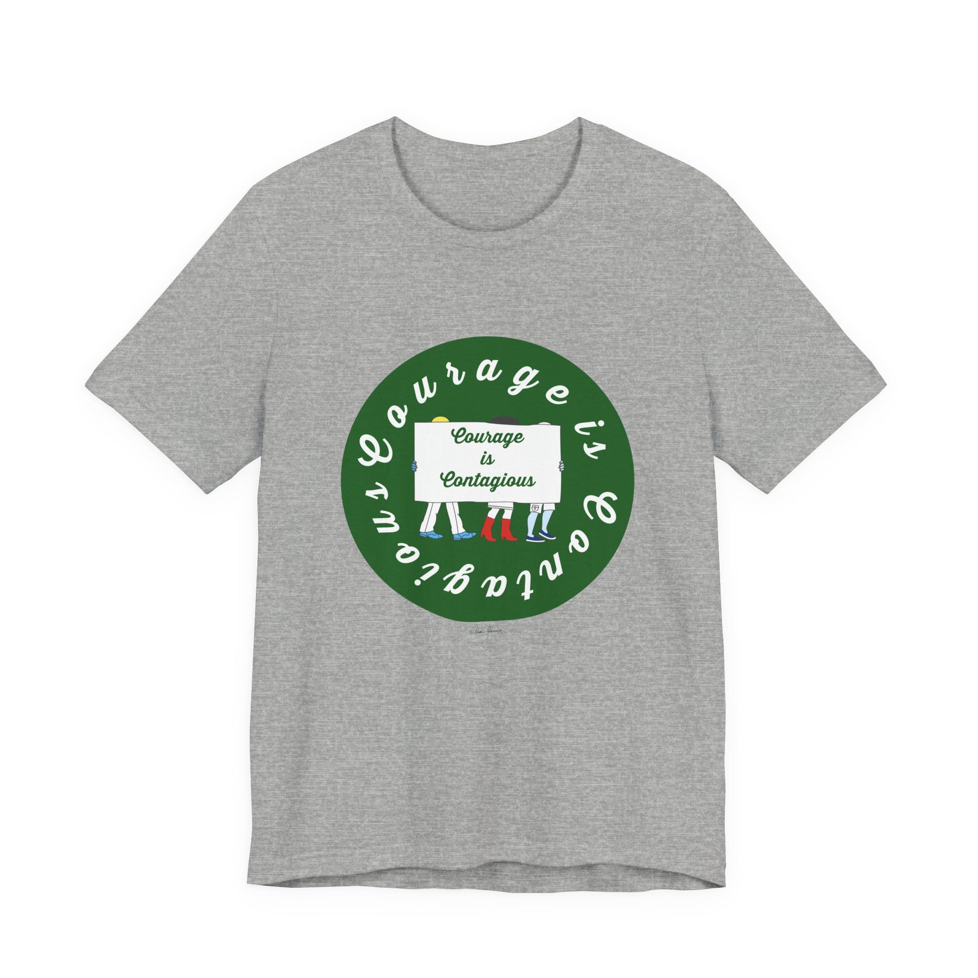 The Courage Is Contagious T-shirt by Printify is a unisex cotton tee with a green emblem featuring three fists in diverse skin tones, making it an inspiring graphic shirt that celebrates unity and bravery.