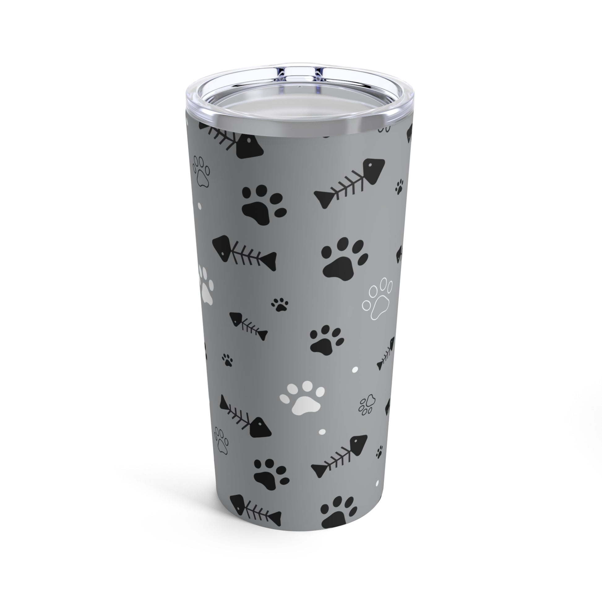 A dishwasher safe, grey stainless steel Cat Lover Tumbler with black paw prints and fish bones by Printify.