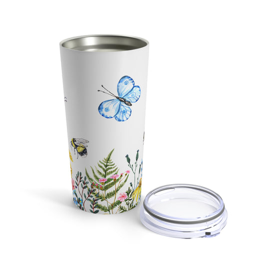 A Printify Nature's Garden Tumbler: 20 oz.; Stainless steel; Insulated with butterflies and flowers on it, dishwasher safe.