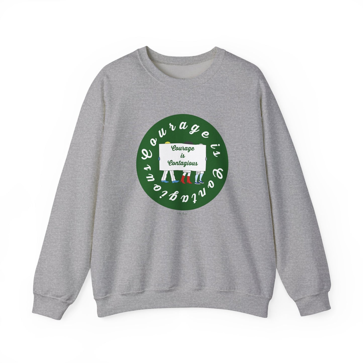 The Printify Unisex Crewneck Sweatshirt: Courage is Contagious | Protest features a gray design with a green circle and uplifting text, styled here with multicolored striped socks for an inspirational look.