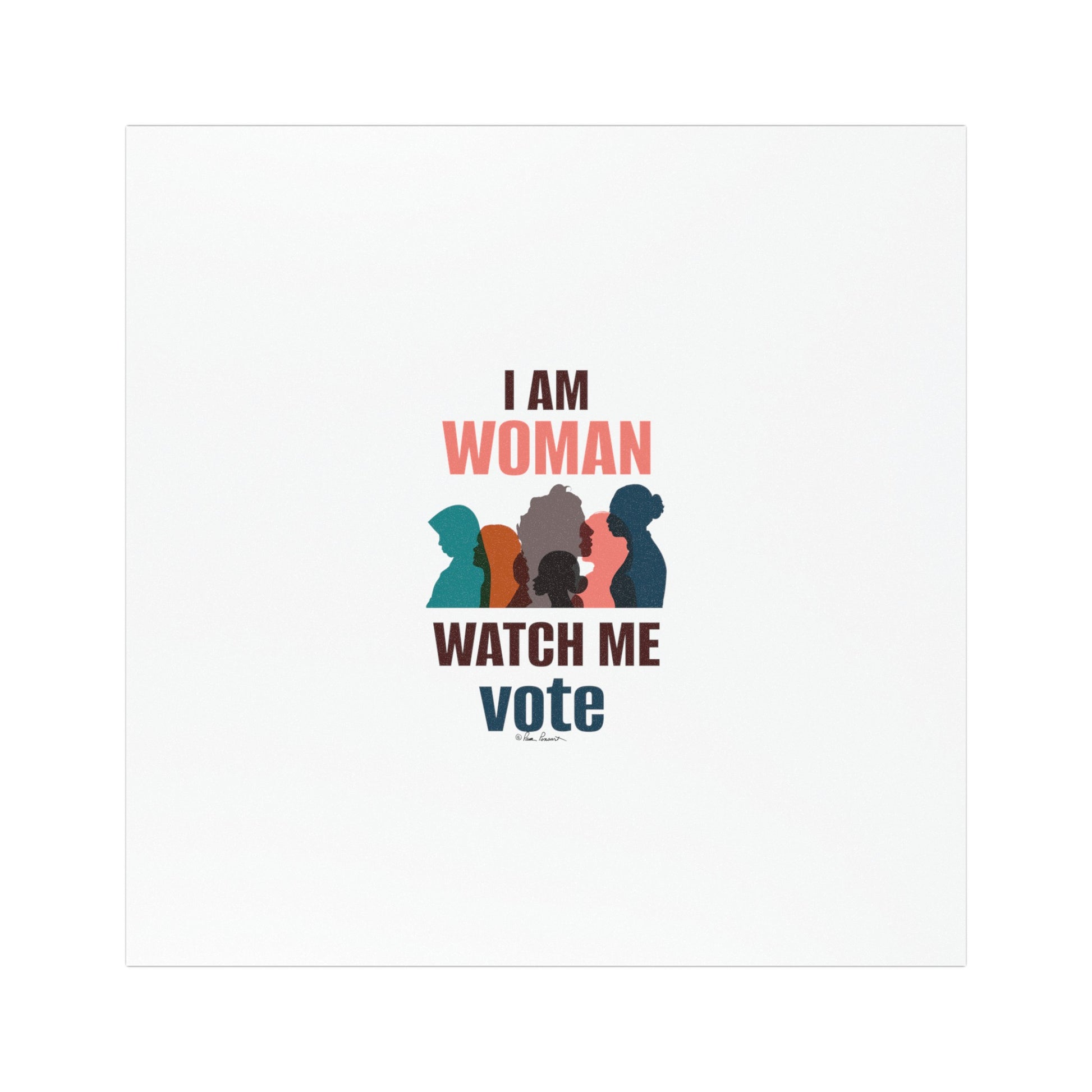 Text in the center reads "I am woman watch me vote" with silhouettes of different women’s profiles in the background. This proud statement is now available on Printify's weatherproof, vinyl Voting Womens Car Magnets, which come in three sizes and feature a strong magnetic back for easy placement and durability.