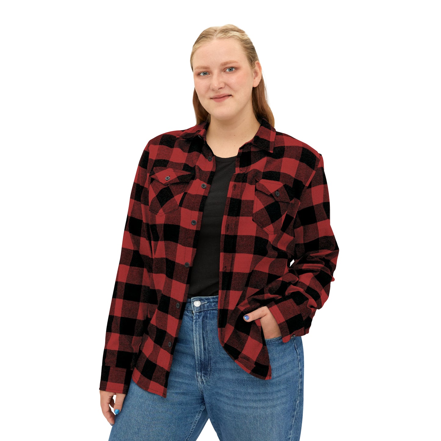 A woman wearing a Printify unisex red and black flannel shirt.