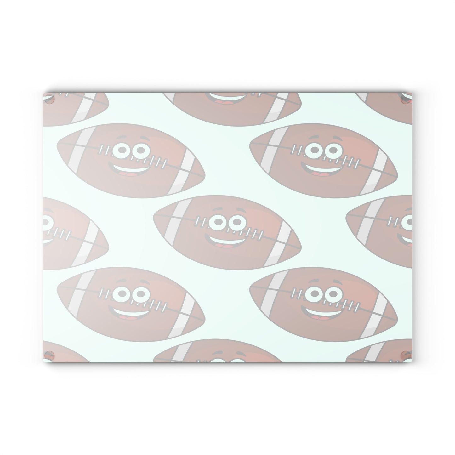 Add a playful touch to your kitchen with the Printify Playful Football-Faces Cutting Board: Glass—featuring a fun pattern of smiling cartoon footballs with white laces, perfect for football fans. Available in 2 sizes.