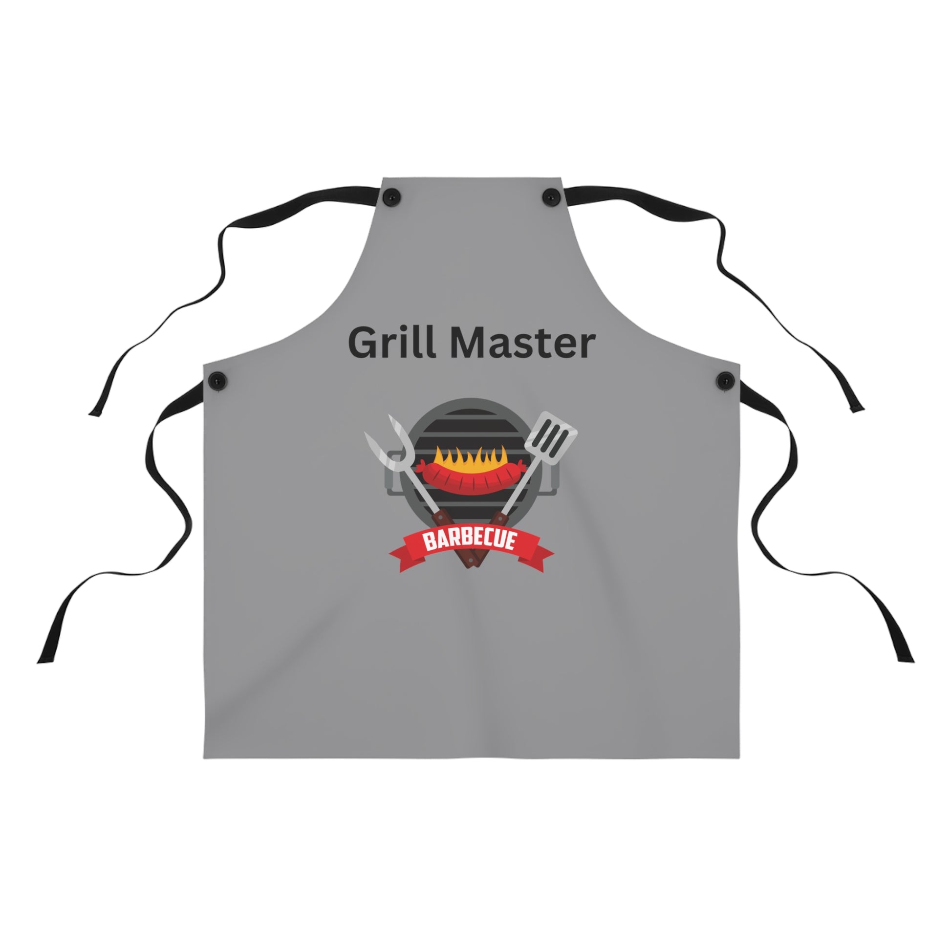 A USA-made gray **Grill Master Apron: Unisex; Polyester; Lightweight; Graphics** with the text "Grill Master" above an illustration of a grill, utensils, and a red banner reading "Barbecue." Black ties are attached at the neck and sides, making it the perfect grilling gift by **Printify**.