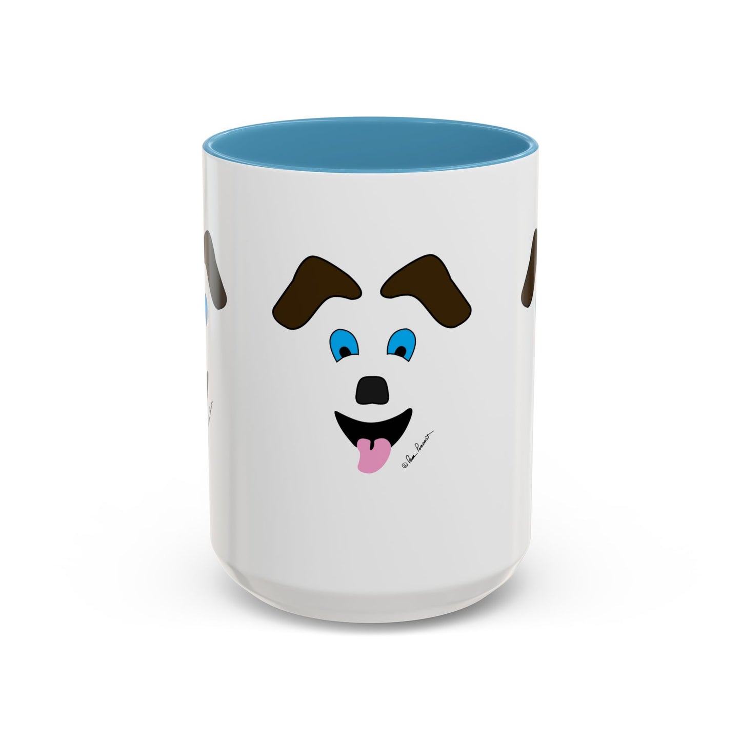 The Printify Playful Dog-Face Coffee Mug is a fun pet-lover gift—ceramic with blue interior, featuring a cartoon dog face with brown eyebrows, blue eyes, and pink tongue.