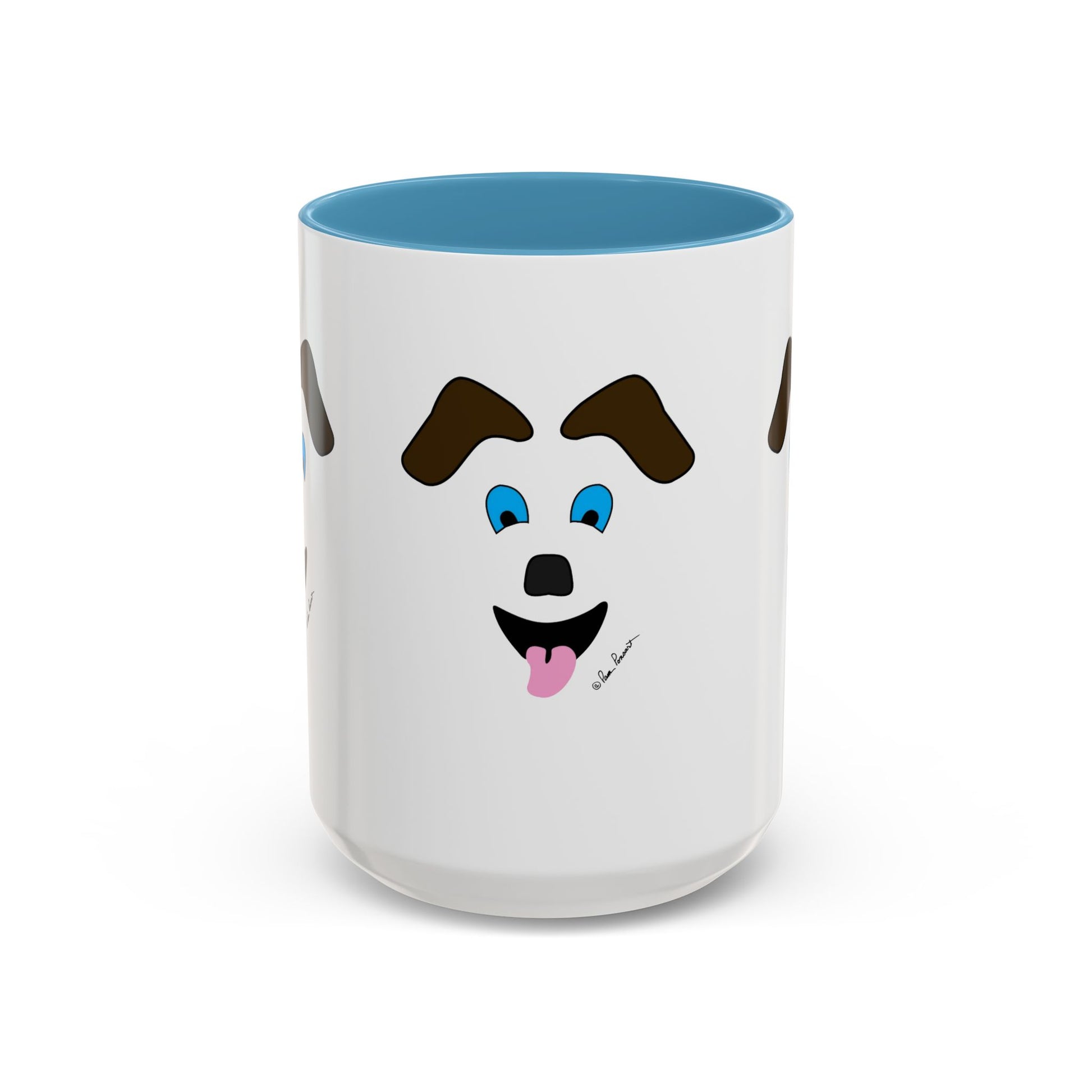 The Printify Playful Dog-Face Coffee Mug is a fun pet-lover gift—ceramic with blue interior, featuring a cartoon dog face with brown eyebrows, blue eyes, and pink tongue.