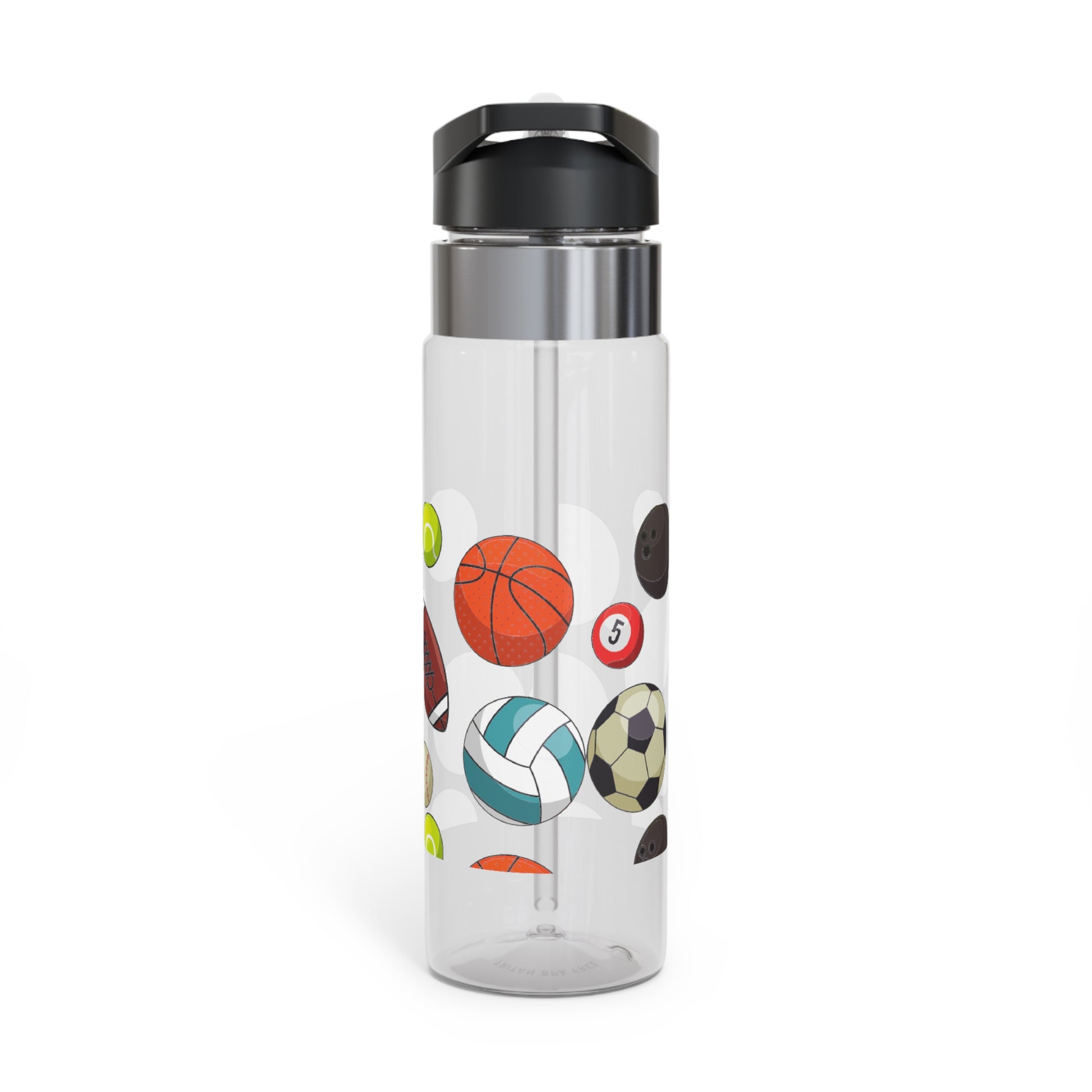 A clear, BPA-free Sports Fan Water Bottle with various sports balls on it, perfect for any sports fan.