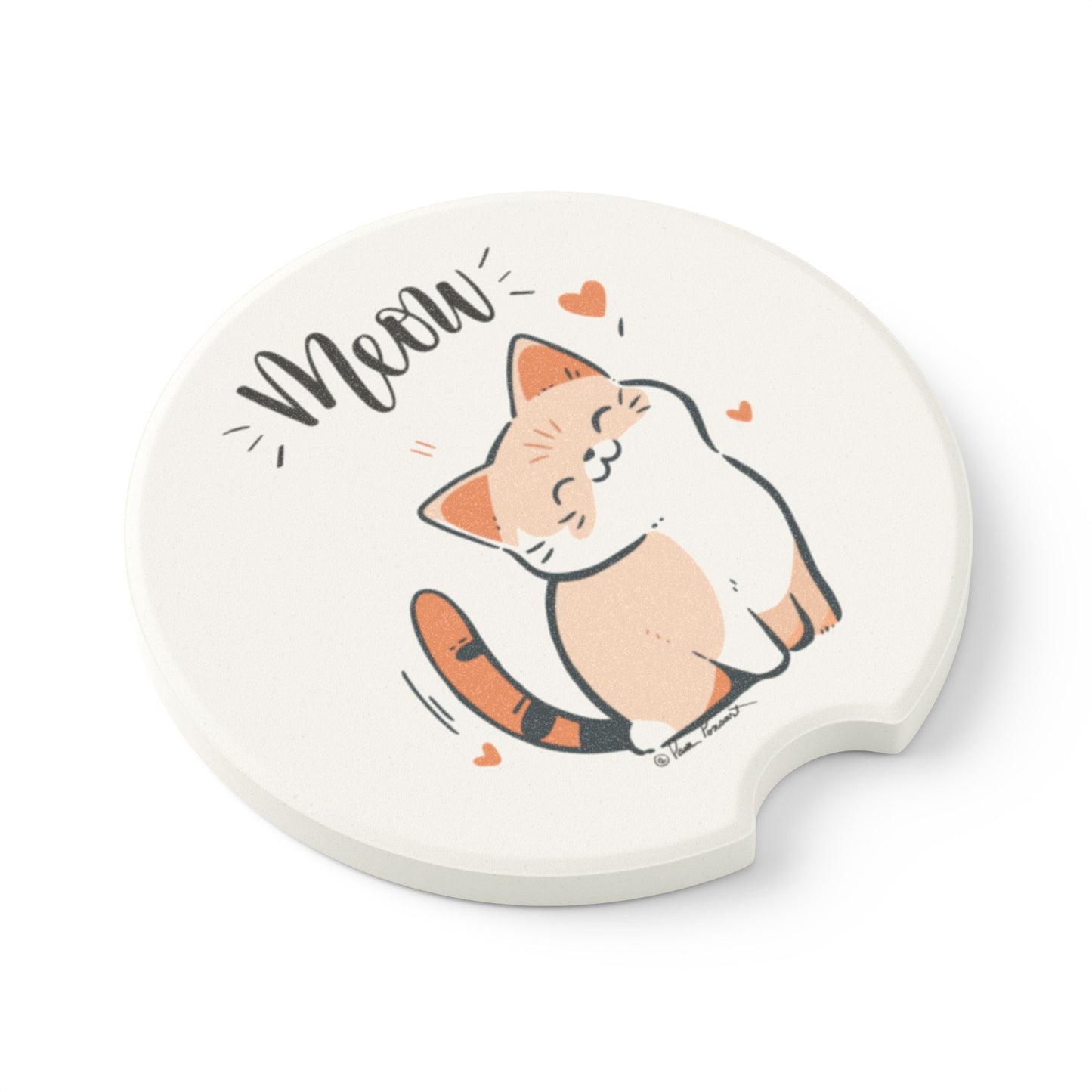 Printify's Cute-Cat Car Coasters feature a delightful cartoon cat surrounded by tiny hearts with the word "Meow" above, making them a must-have car accessory for cat enthusiasts. These absorbent and unisex coasters are perfect for adding charm to any vehicle.