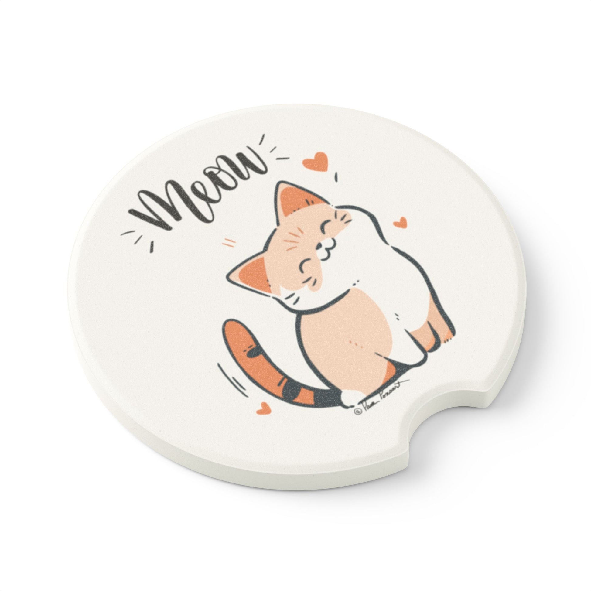 The Cute-Cat Car Coasters by Printify come with an endearing "Meow" design, featuring a delightful illustration of a smiling cat surrounded by hearts. These absorbent, unisex coasters are the perfect addition for cat lovers wanting to add a charming touch to their car accessories.