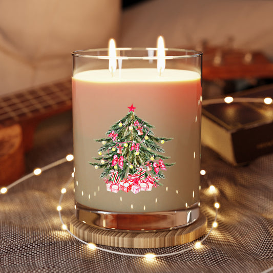 Double-wicked Candle on a table surrounded by lights