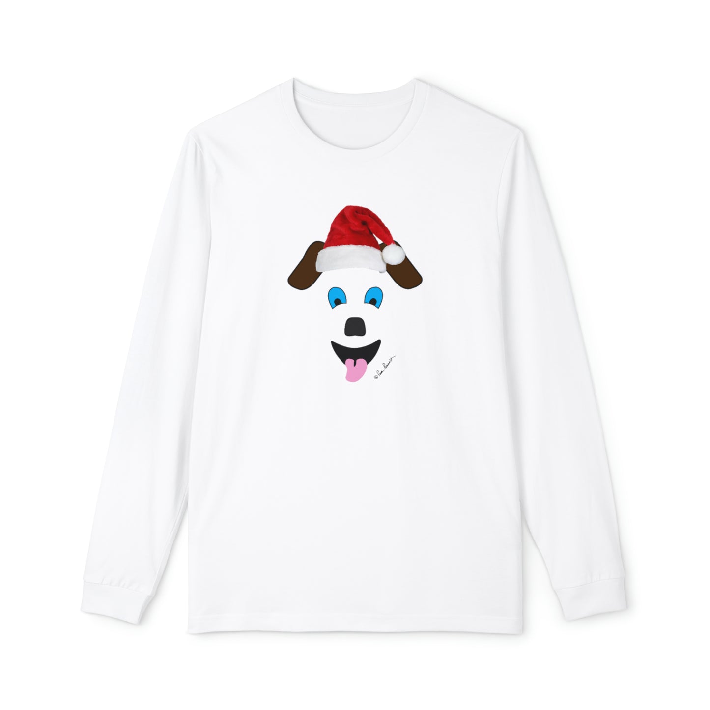 A custom-made Printify white long-sleeve pajama set featuring a dog in a Santa hat. Made of 100% cotton, perfect for women's loungewear attire.