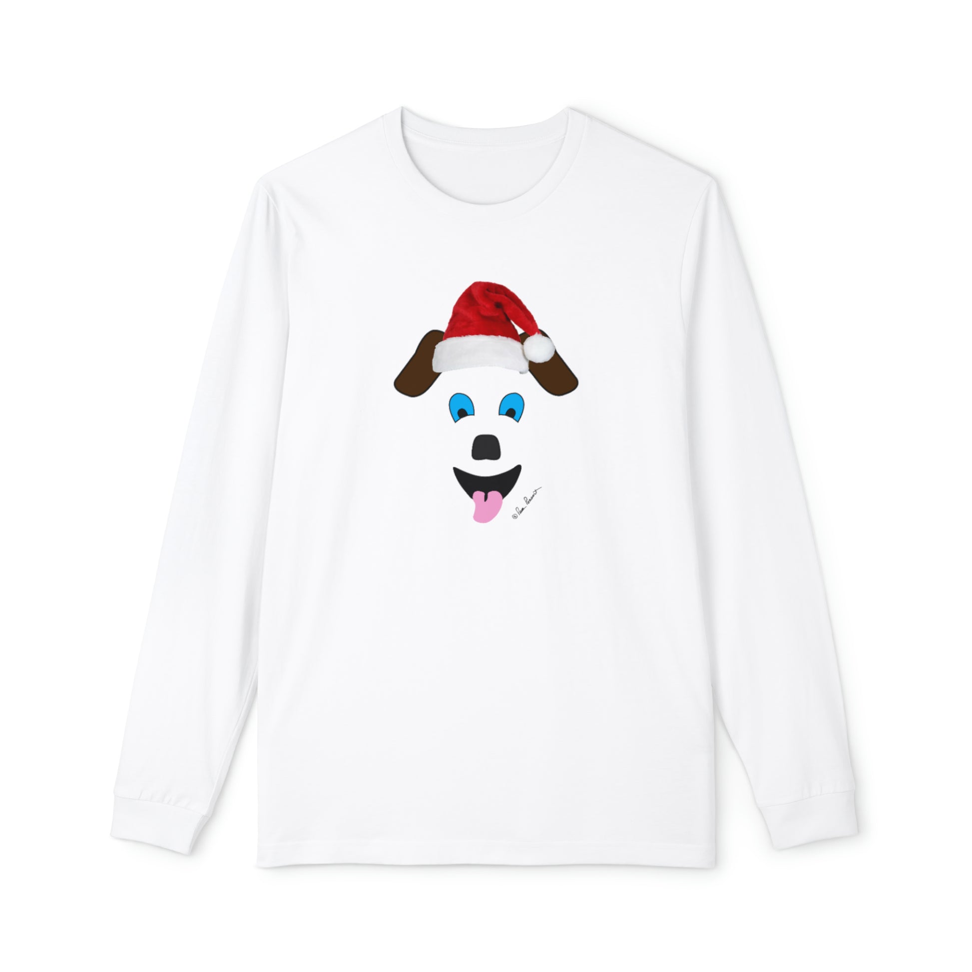 A custom-made Printify white long-sleeve pajama set featuring a dog in a Santa hat. Made of 100% cotton, perfect for women's loungewear attire.