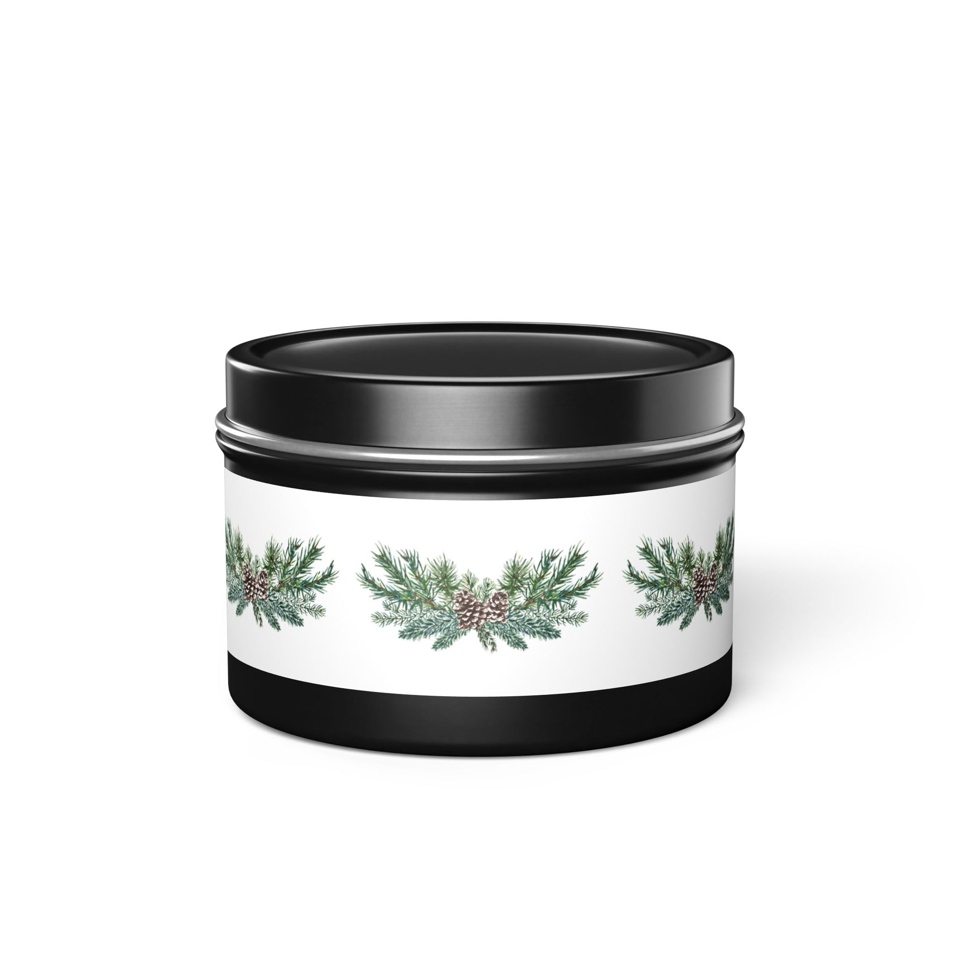 The Holiday-Inspired Pinecone Tin-Candles by Printify feature a black tin container with a white label adorned with pine branch and cone illustrations, providing a soothing evergreen scent.