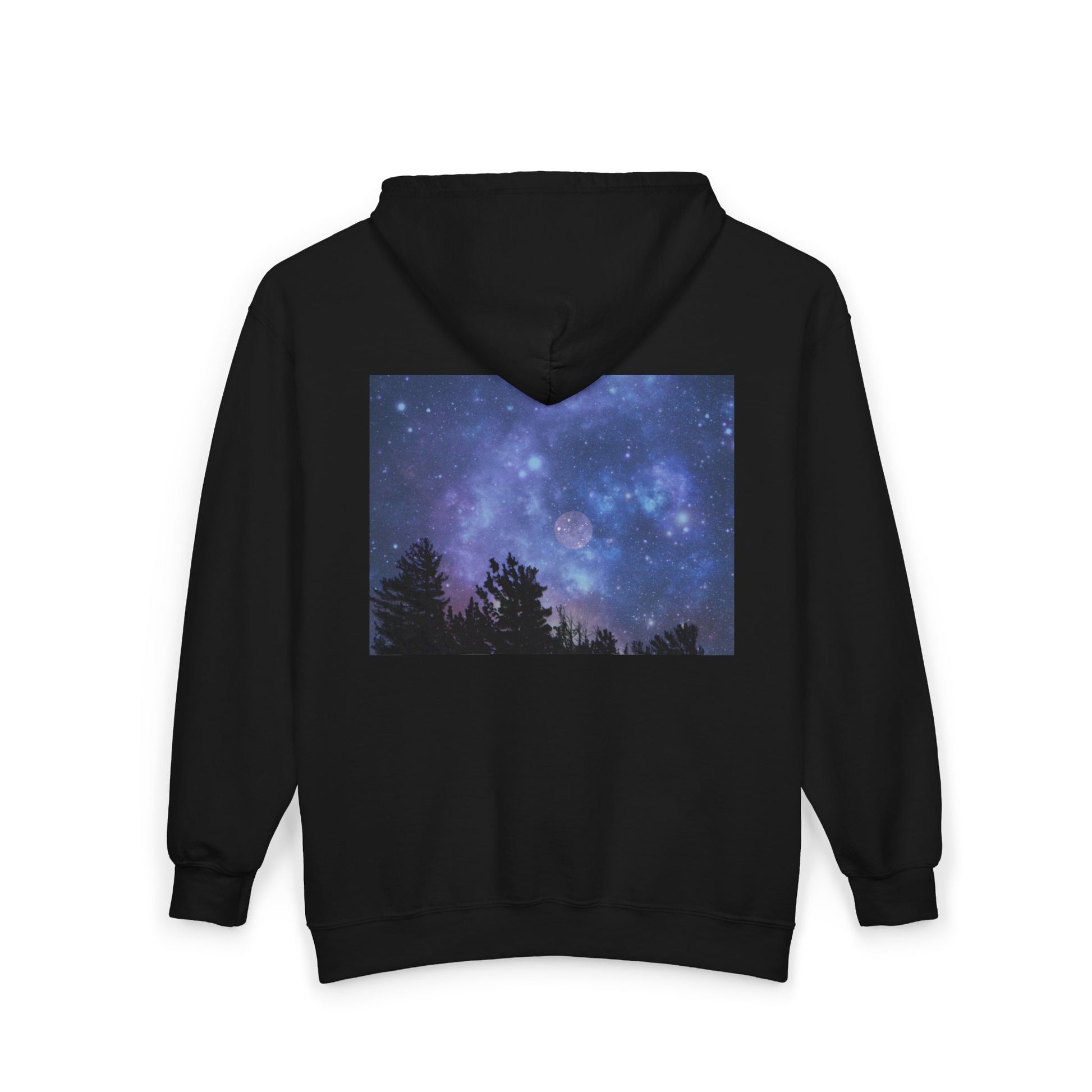 The Printify Galaxy Night-Sky Zip Hoodie is a cozy unisex zip-up with a back print of the moon and tree silhouettes—perfect for stargazers.