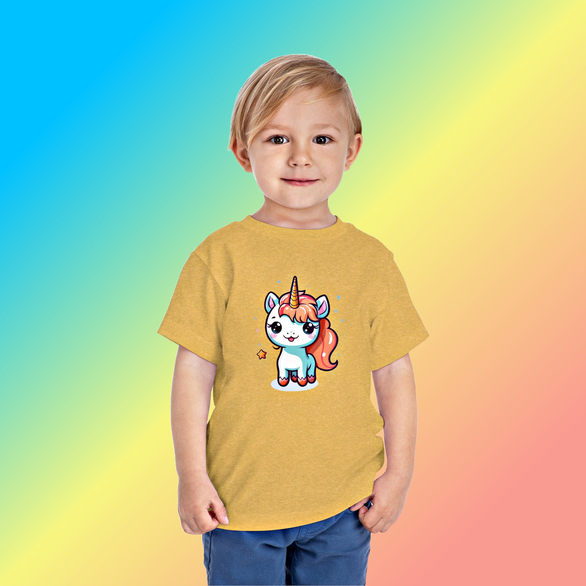 Mock up of a blonde-haired child wearing the Heather Yellow Gold t-shirt