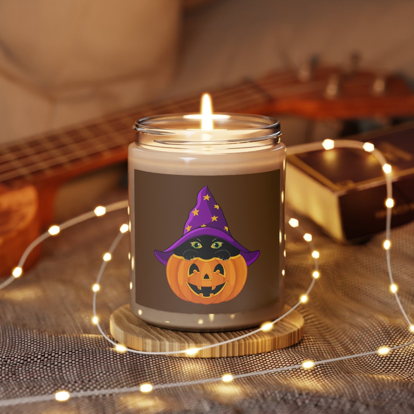 Mock up of the candle surrounded by white fairy lights