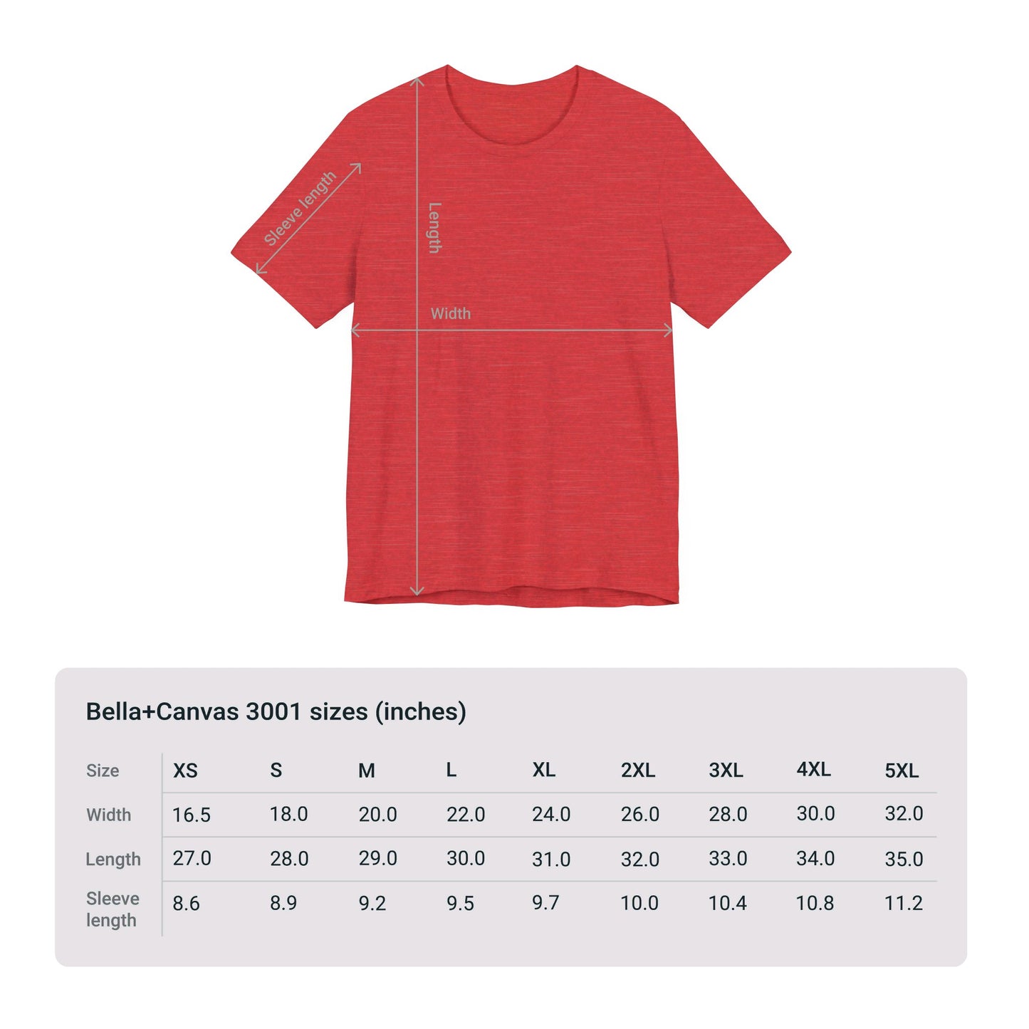 Size chart for the Printify Unisex Kindness-Is-Cool T-shirt, made from soft cotton by Bella+Canvas, with measurements (in inches) for sizes XS to 5XL. This stylish shirt features dimensions for length, width, and sleeve length, perfect for showcasing your "Kindness-Is-Cool" style!