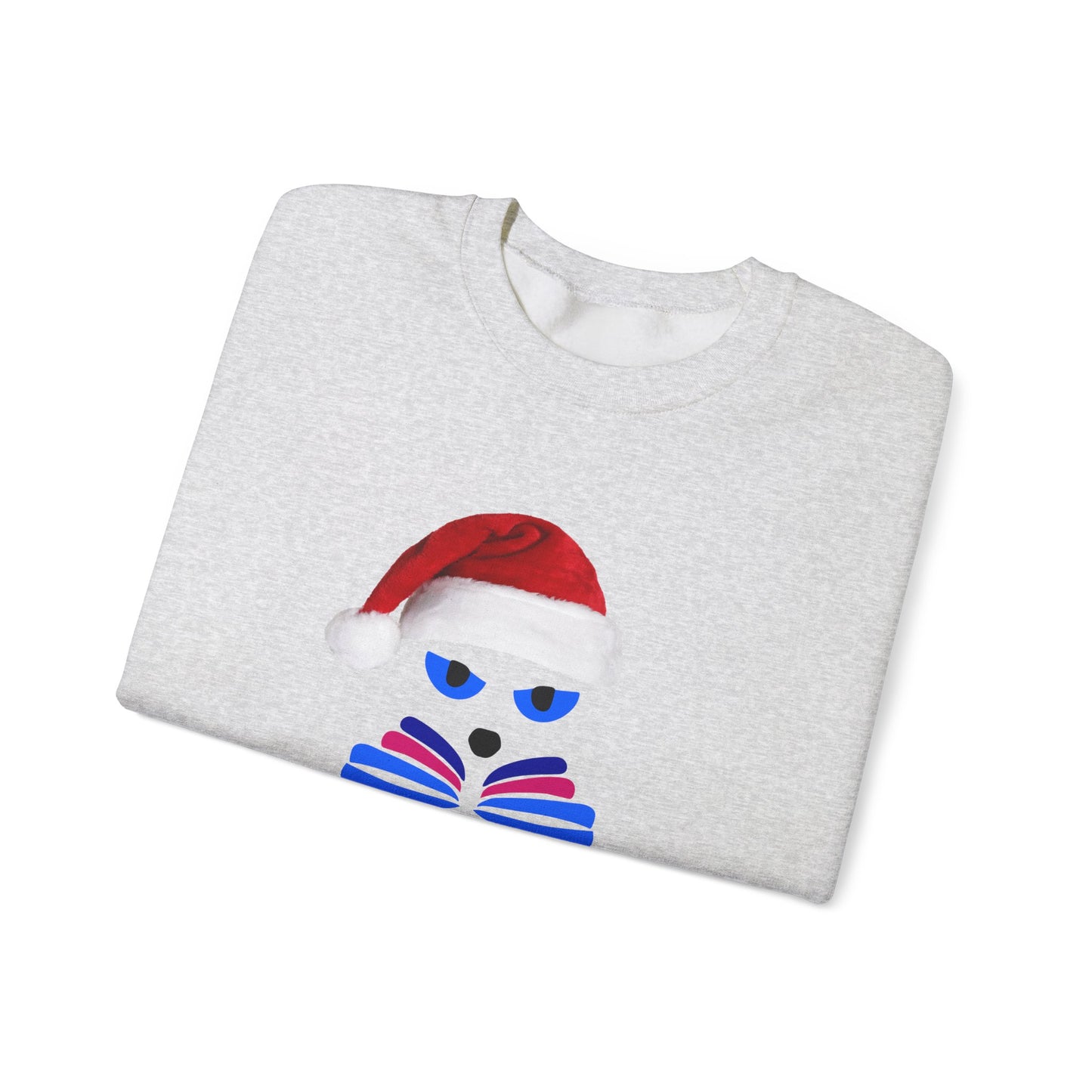 The Santa Cat Sweatshirt by Printify is a folded light gray unisex crewneck featuring a festive graphic of a cartoon cat face with a red Santa hat and blue sunglasses.
