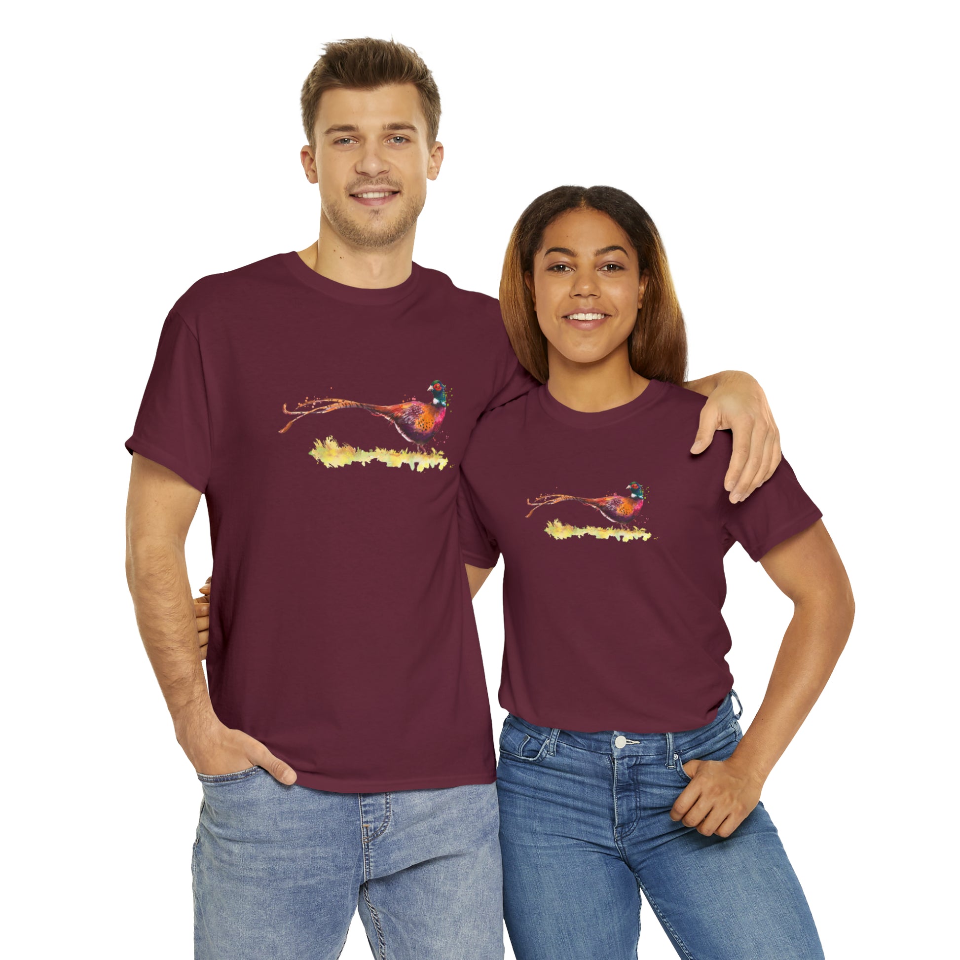 Mock up of a man and a woman wearing the Maroon shirt