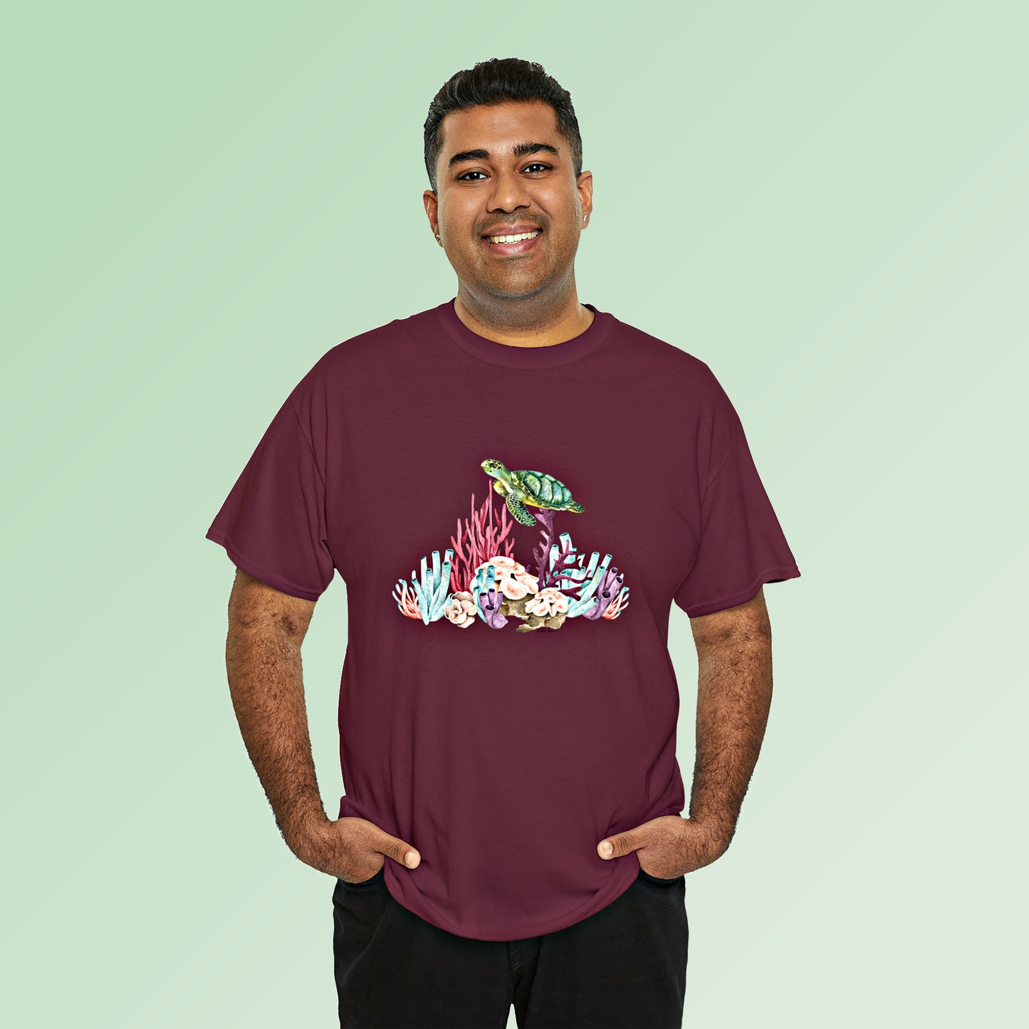 Mock up of a large man wearing the Maroon shirt