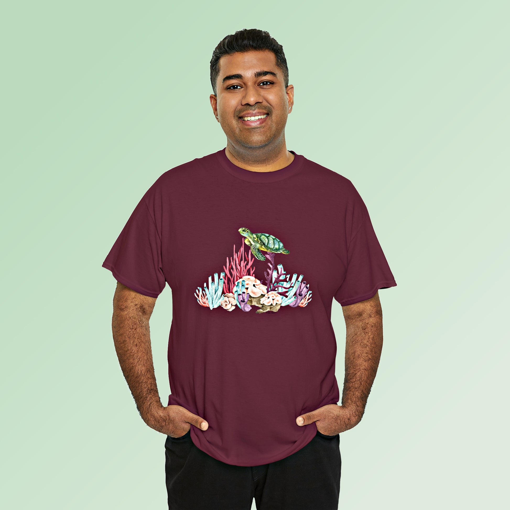 Mock up of a large man wearing the Maroon shirt