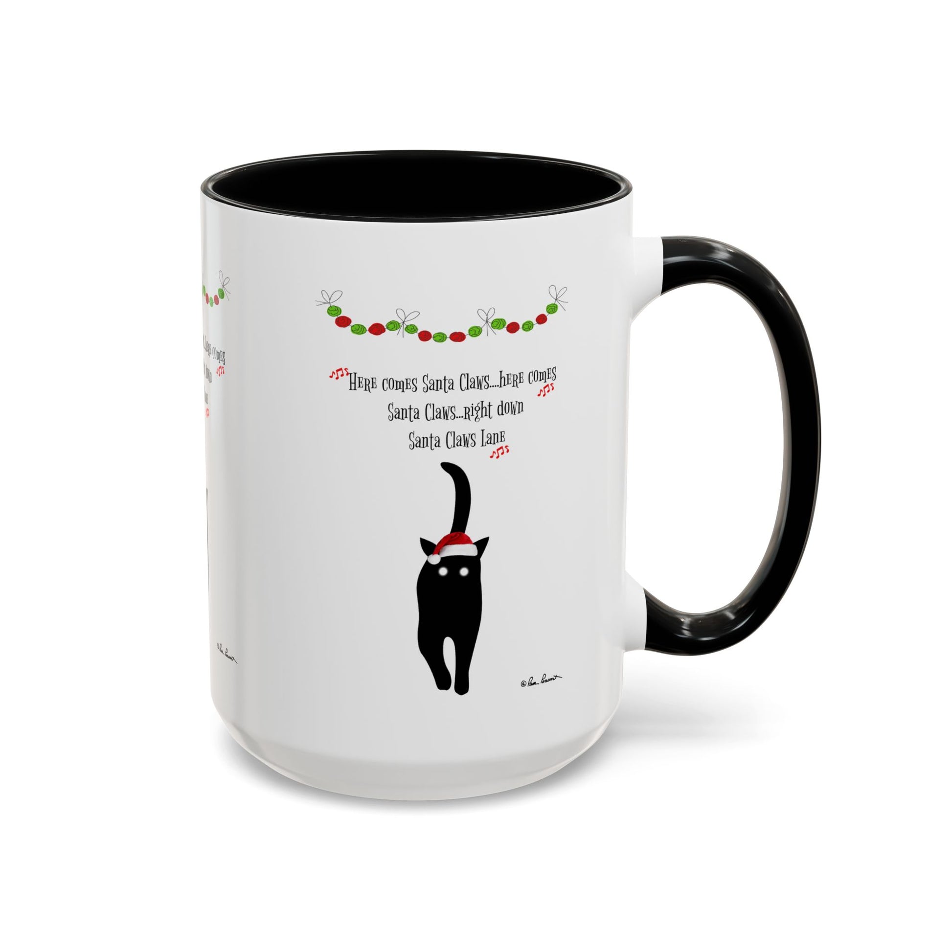 The Printify Festive-Cat Accent Coffee Mug is a white ceramic mug with a black handle, featuring a cartoon black cat in a Santa hat and the text "Here comes Santa Claws"—an ideal holiday gift for cat lovers.