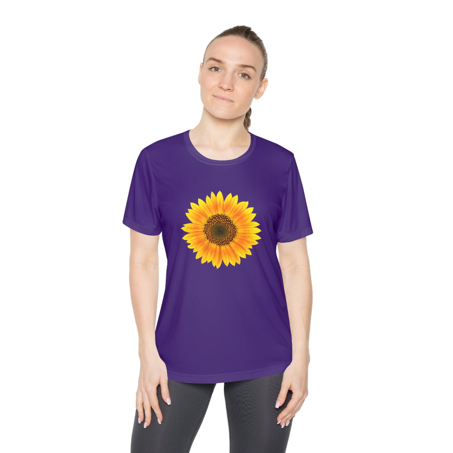 Mock up of a woman wearing the Purple shirt