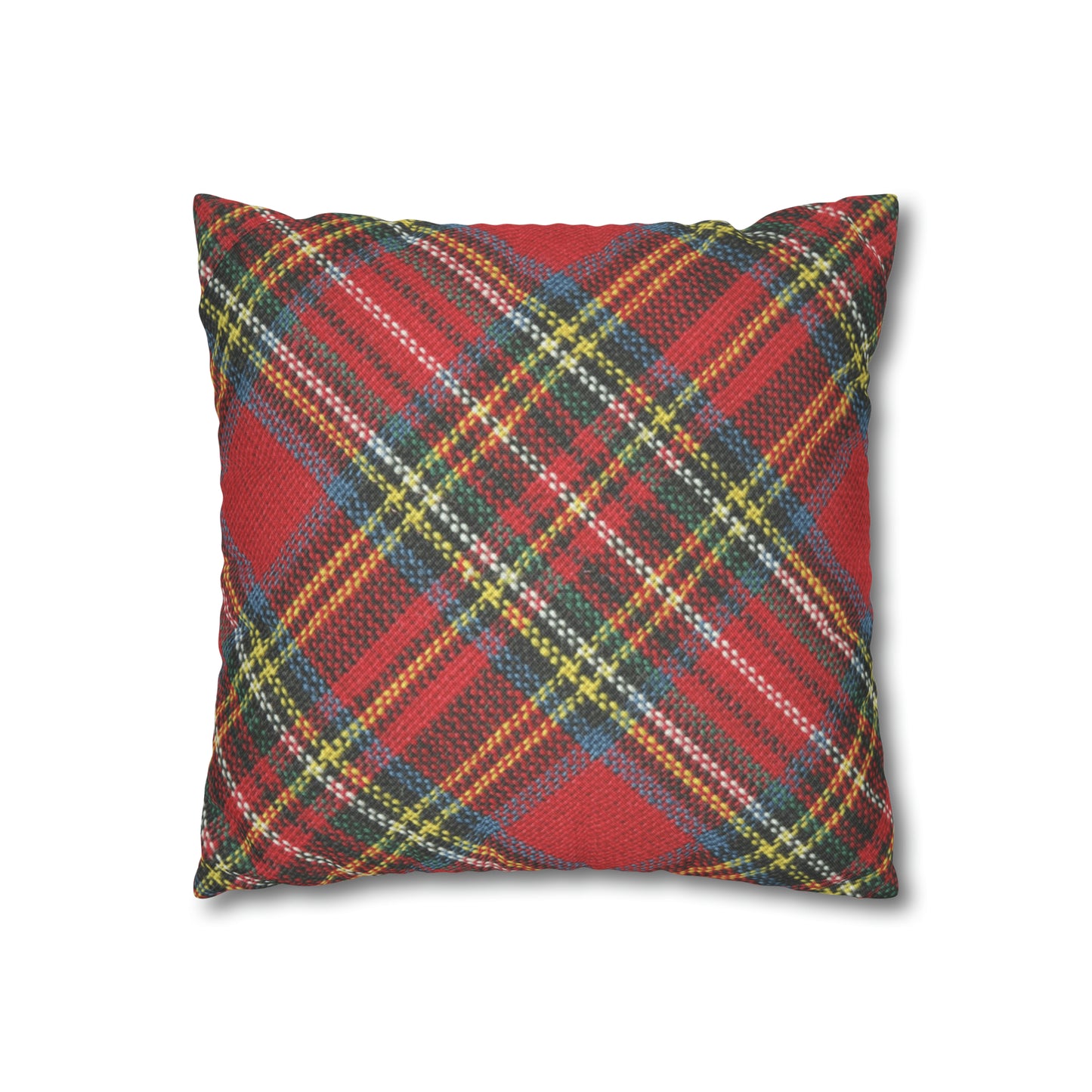 A Printify red-plaid pillow case, American made for easy-care.