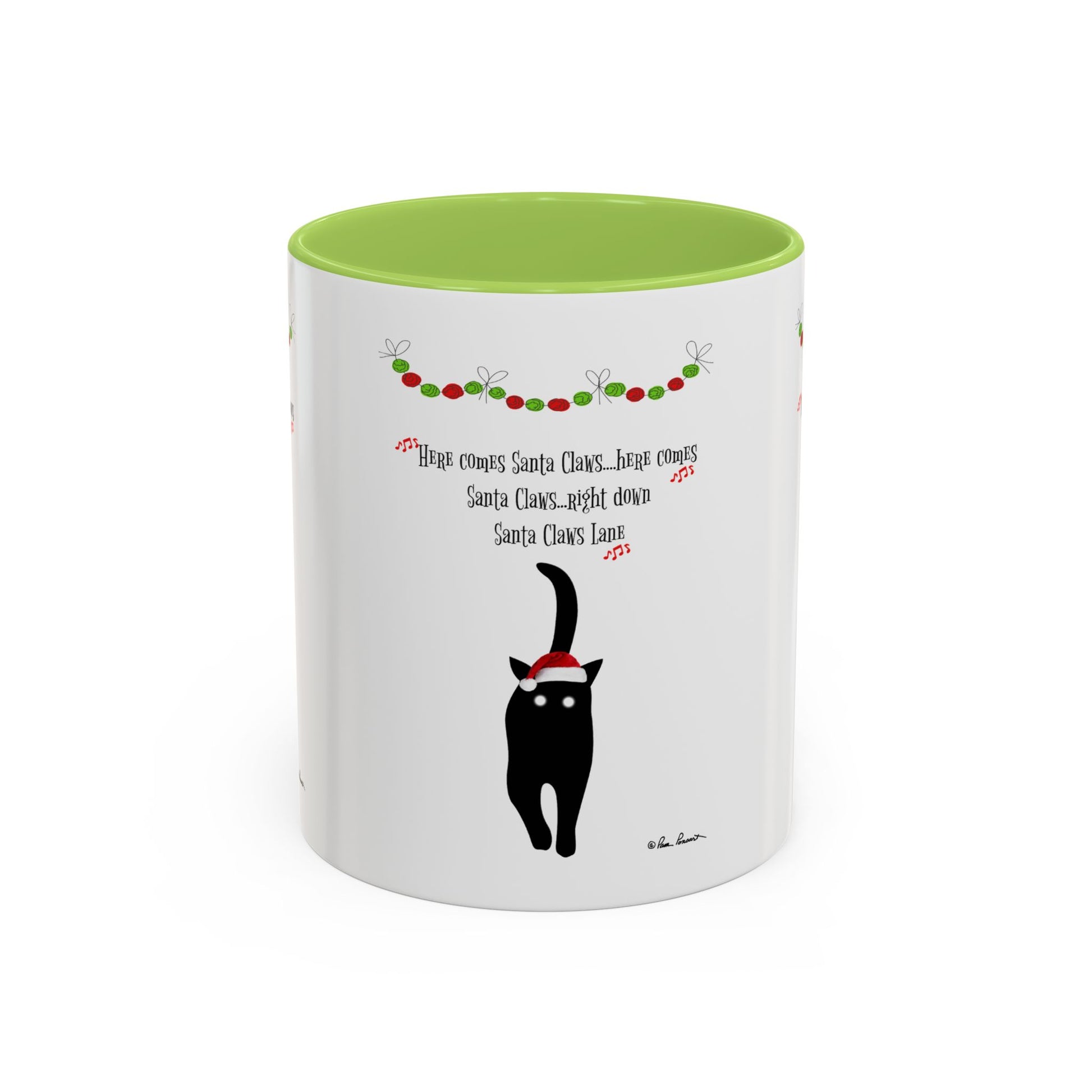 The Printify Festive-Cat Accent Coffee Mug is a perfect holiday gift for cat-lovers, featuring a black cat in a Santa hat, holiday garland, and festive Santa-themed text.