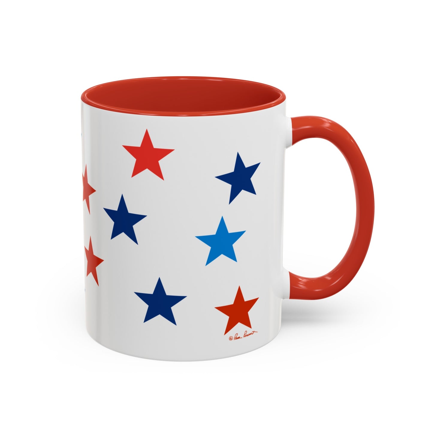 Introducing the **Patriotic Coffee Mug: 11 oz.; 2 Accent colors; Ceramic** from **Printify**—American made, featuring a white exterior with a red interior and handle, adorned with red and blue stars. Dishwasher and microwave safe for everyday convenience.