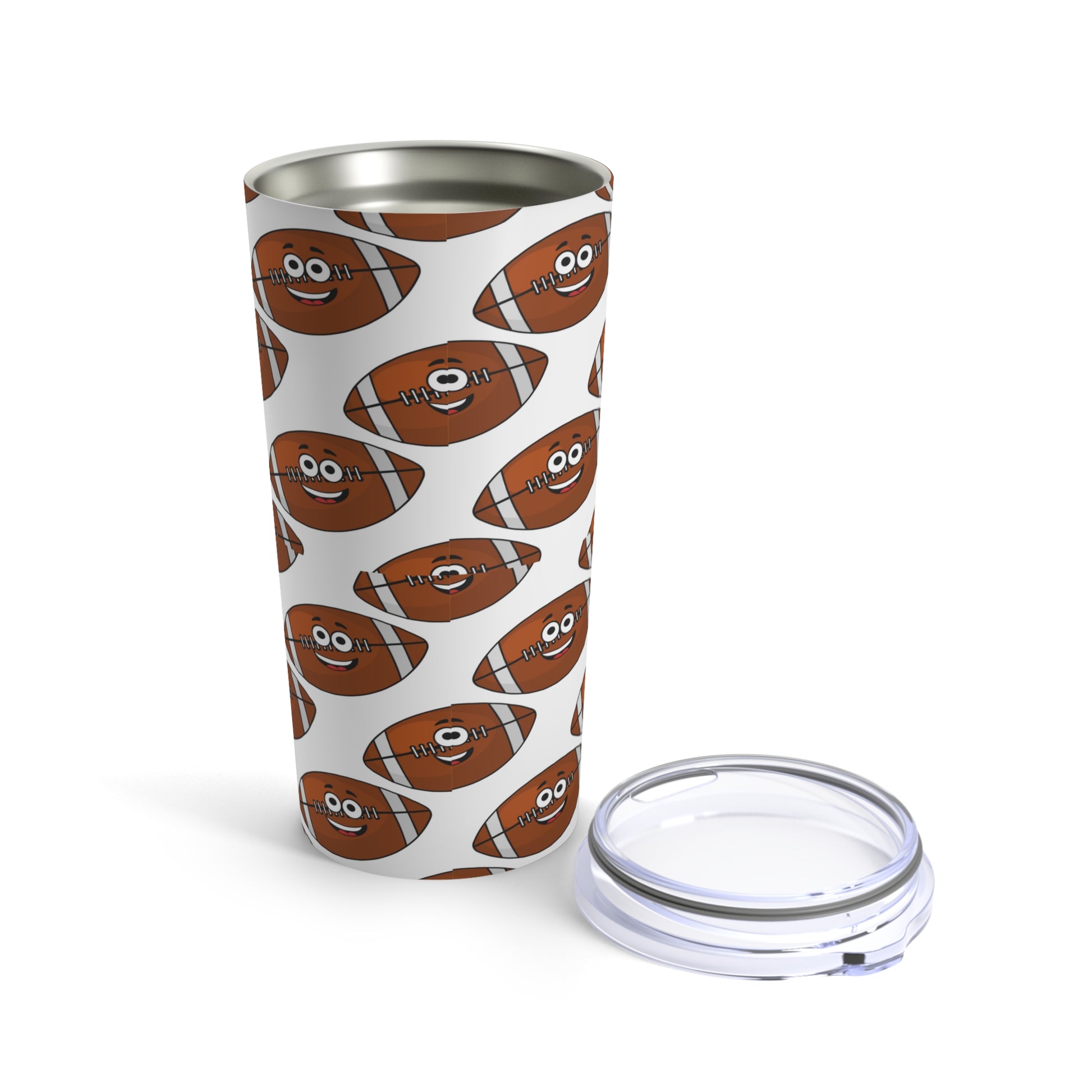 A Printify Football Fan Tumbler:  20 oz.; Stainless Steel; Insulated with a lid.