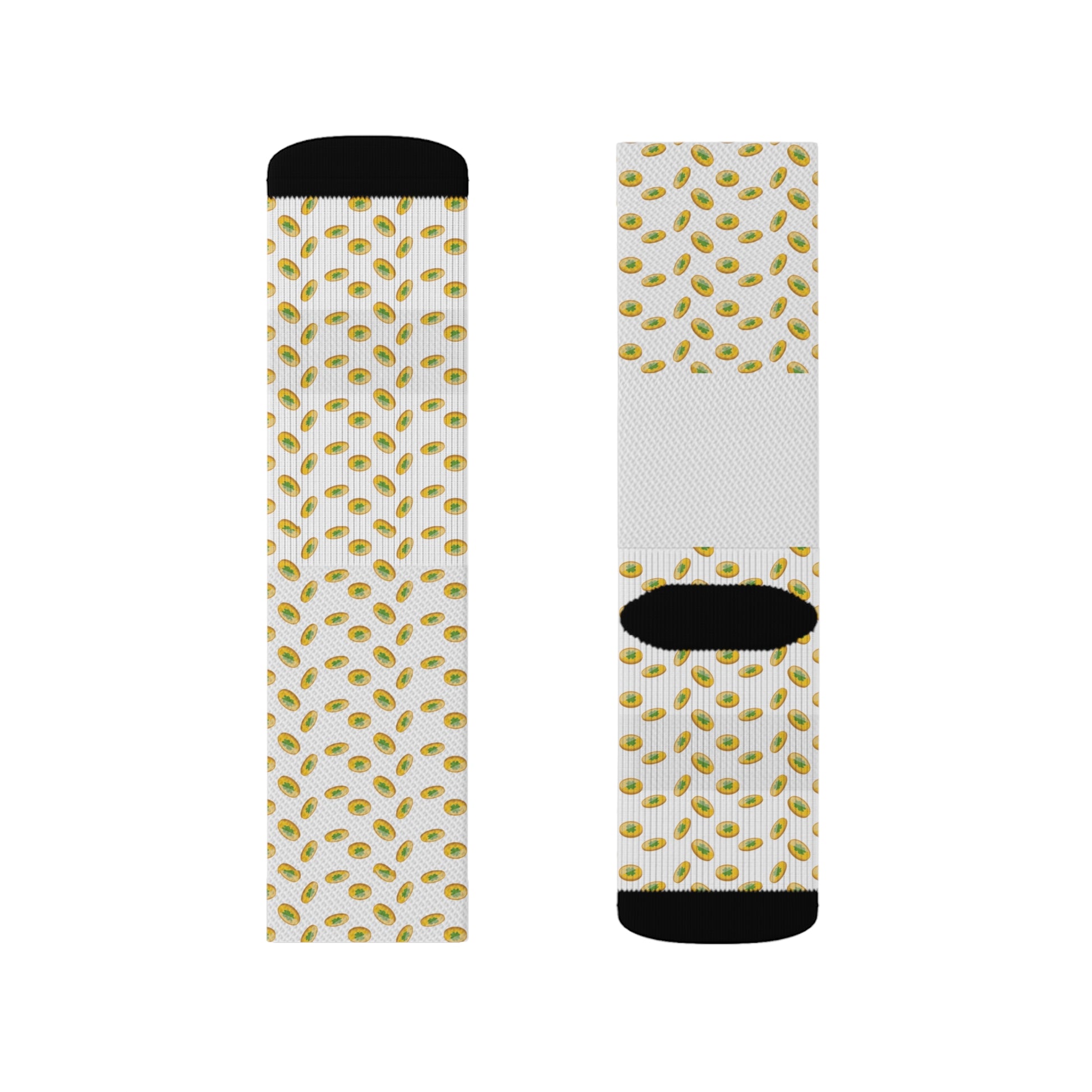 A pair of white and gold Printify socks with dots, perfect for St. Patrick's Day celebrations!