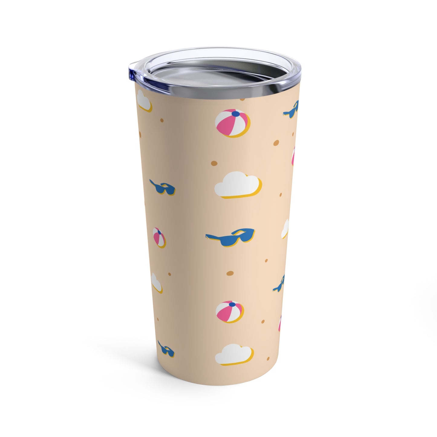 A Pink Summer Tumbler by Printify with beach balls and clouds on it, dishwasher safe.