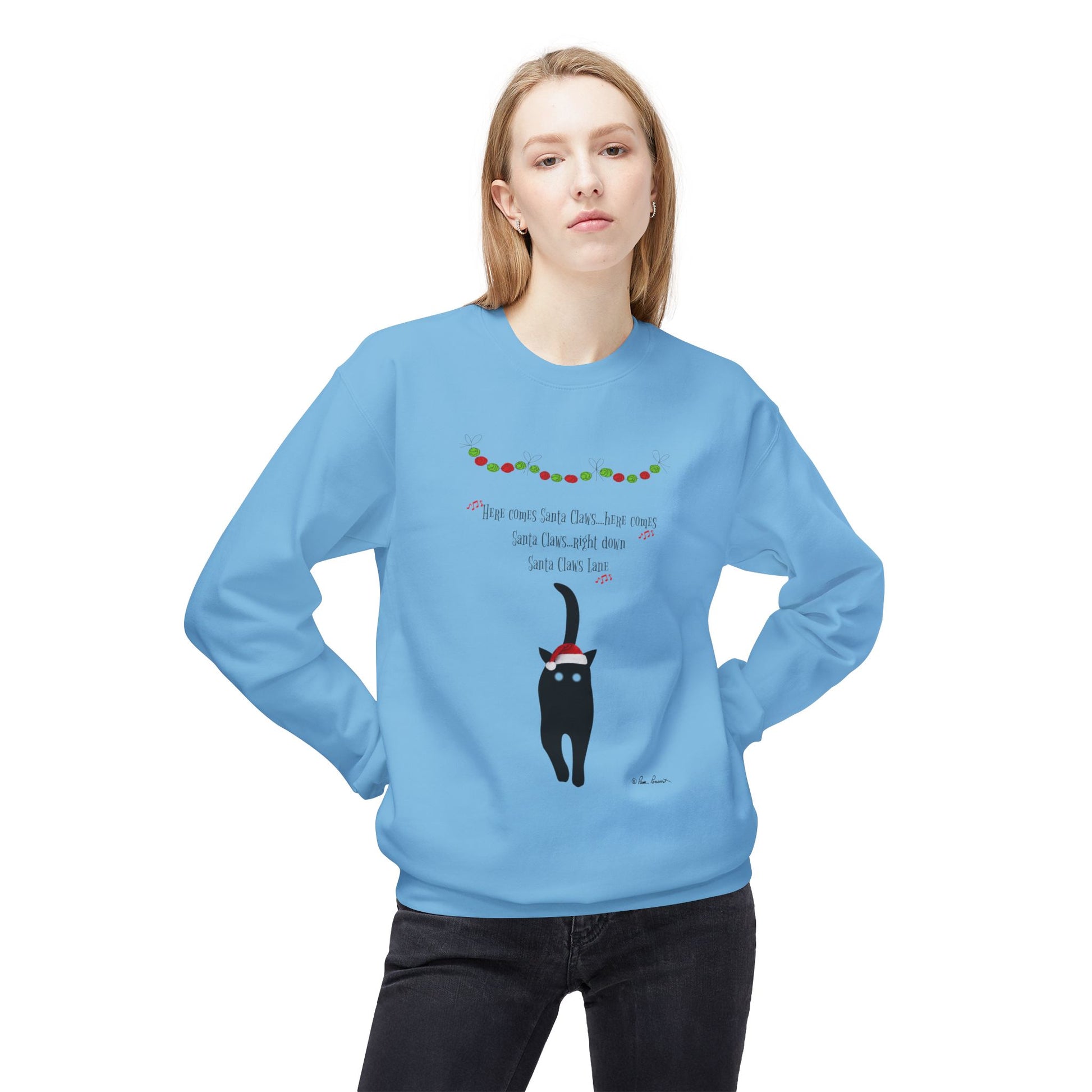 A person wears the Printify Holiday Cat Crewneck Sweatshirt—a light blue, unisex, festive pullover with a playful black cat and Christmas lights, perfect for cozy holiday style.