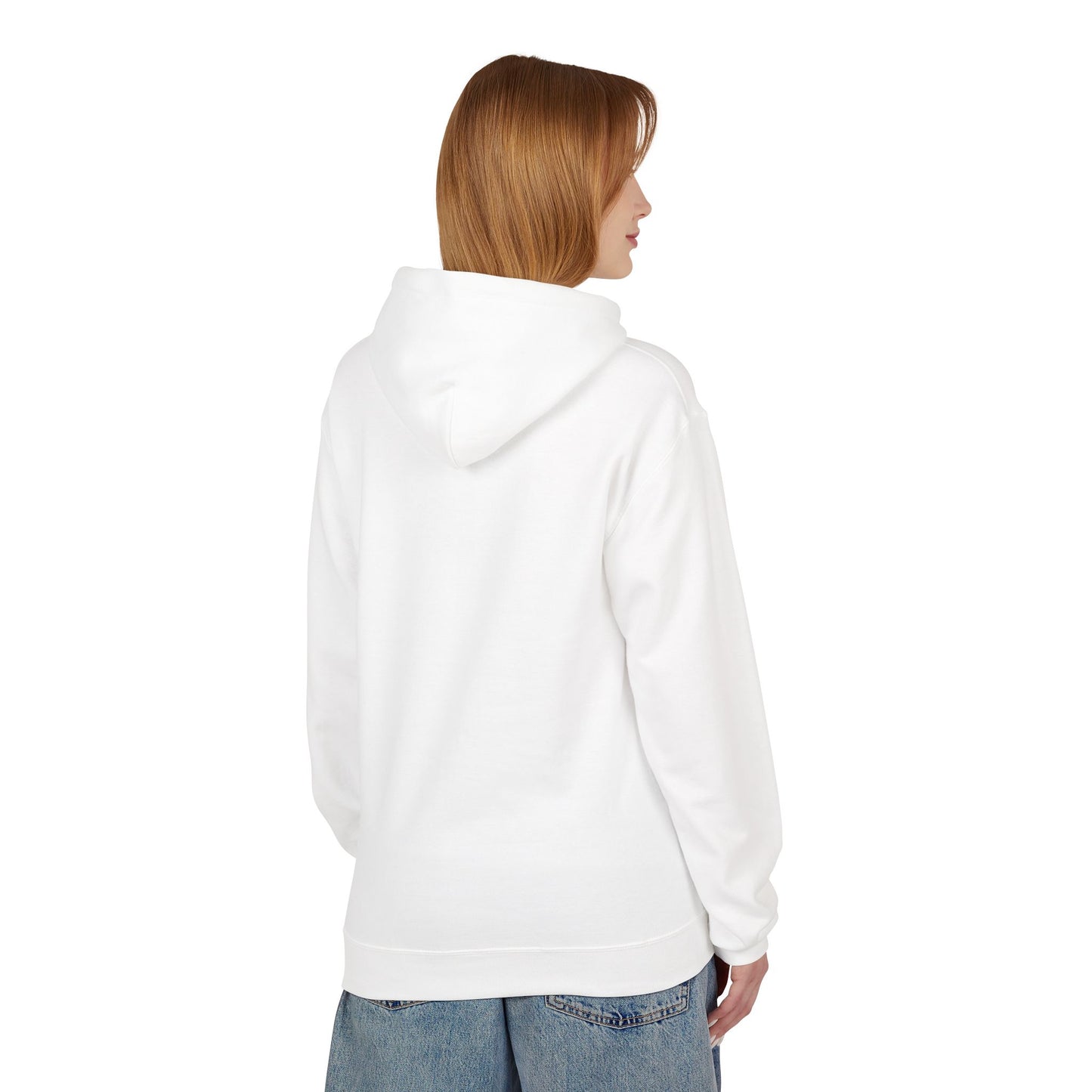 Person with straight, shoulder-length light brown hair is shown from the back wearing a plain white "Kiss-Me I'm Irish Hoodie: St. Patricks Day Shamrock Pullover" by Printify and blue jeans.