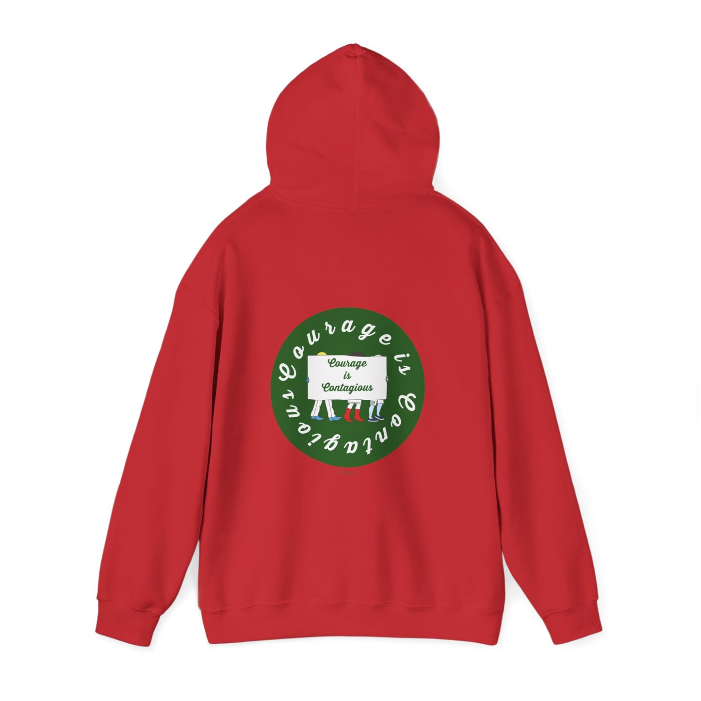 The Printify Courage Is Contagious Hoodie: Mental Health Awareness is a mid-weight red sweatshirt with a green circular back patch, showing two people holding a sign and the quote "Courage is Contagious." Ethically produced.