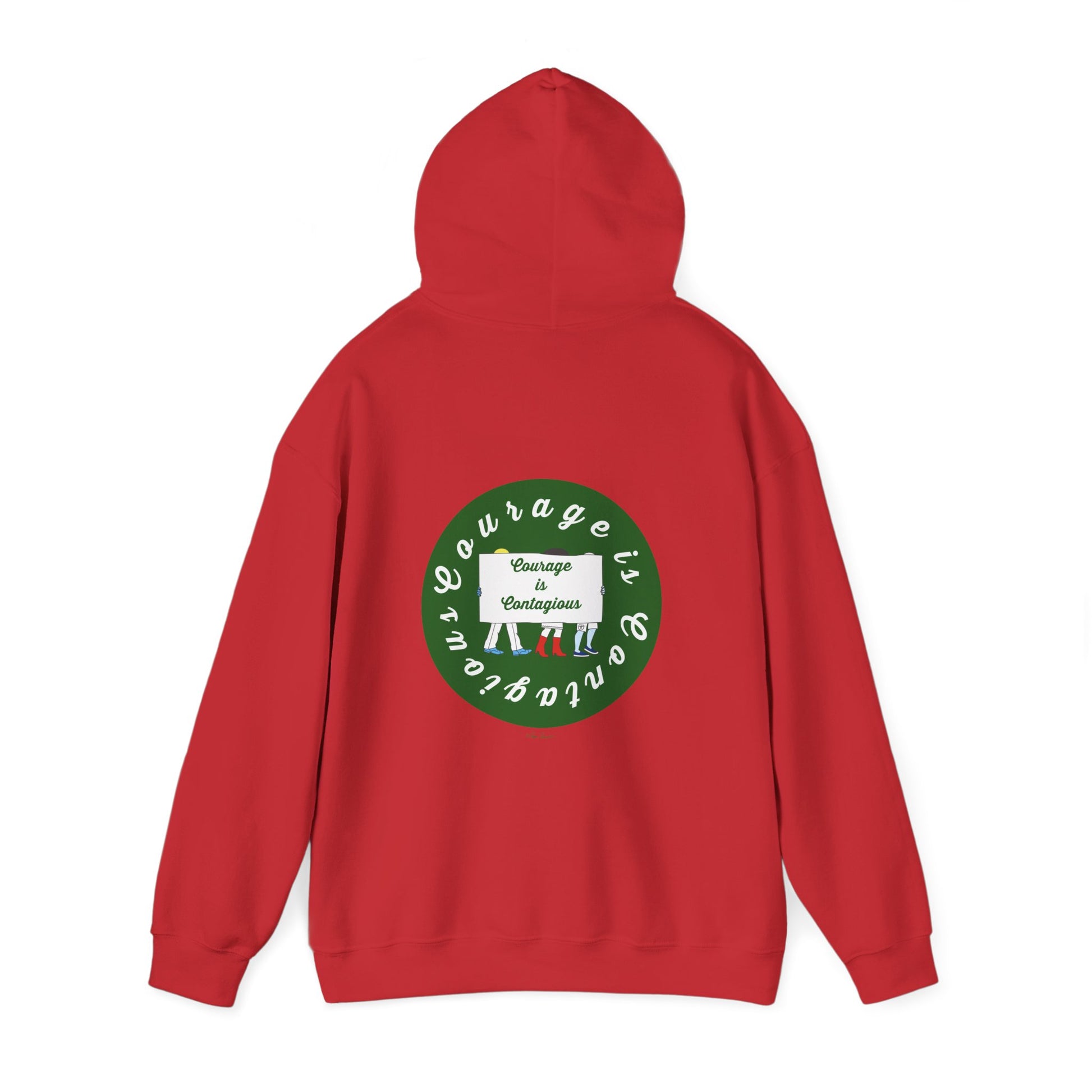 The Printify Courage Is Contagious Hoodie: Mental Health Awareness is a mid-weight red sweatshirt with a green circular back patch, showing two people holding a sign and the quote "Courage is Contagious." Ethically produced.